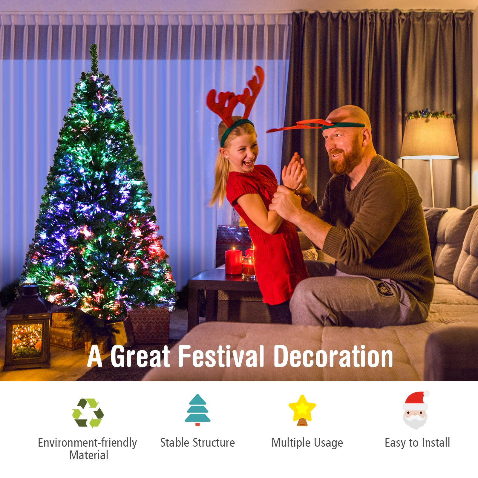 SUGIFT 6 ft Fiber Optic Christmas Tree Pre-Lit Green Spruce with 617 Branch Tips
