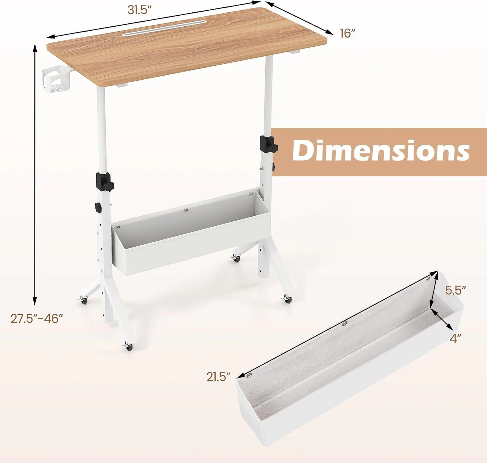 SUGIFT Adjustable Standing Laptop Desk with Wheels, Storage Basket and Cup Holder