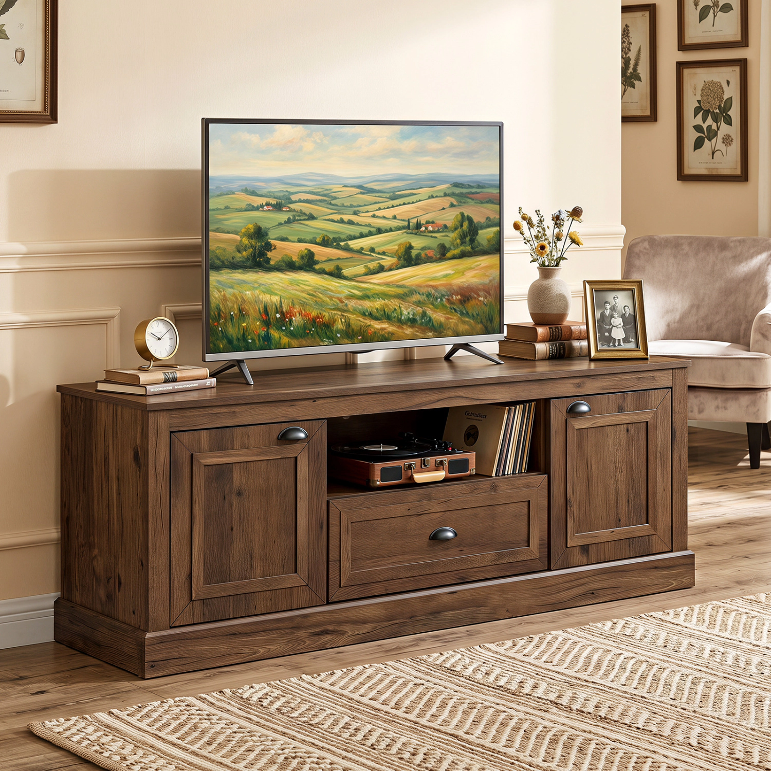 LJG Retro Farmhouse TV Stand for 70" TVs with 2 Doors & Removable Shelves