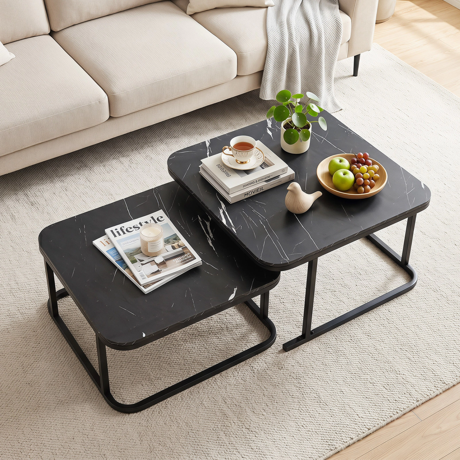 LJG Nesting Coffee Table Set of 2 with Faux Marble Top and Metal Frame