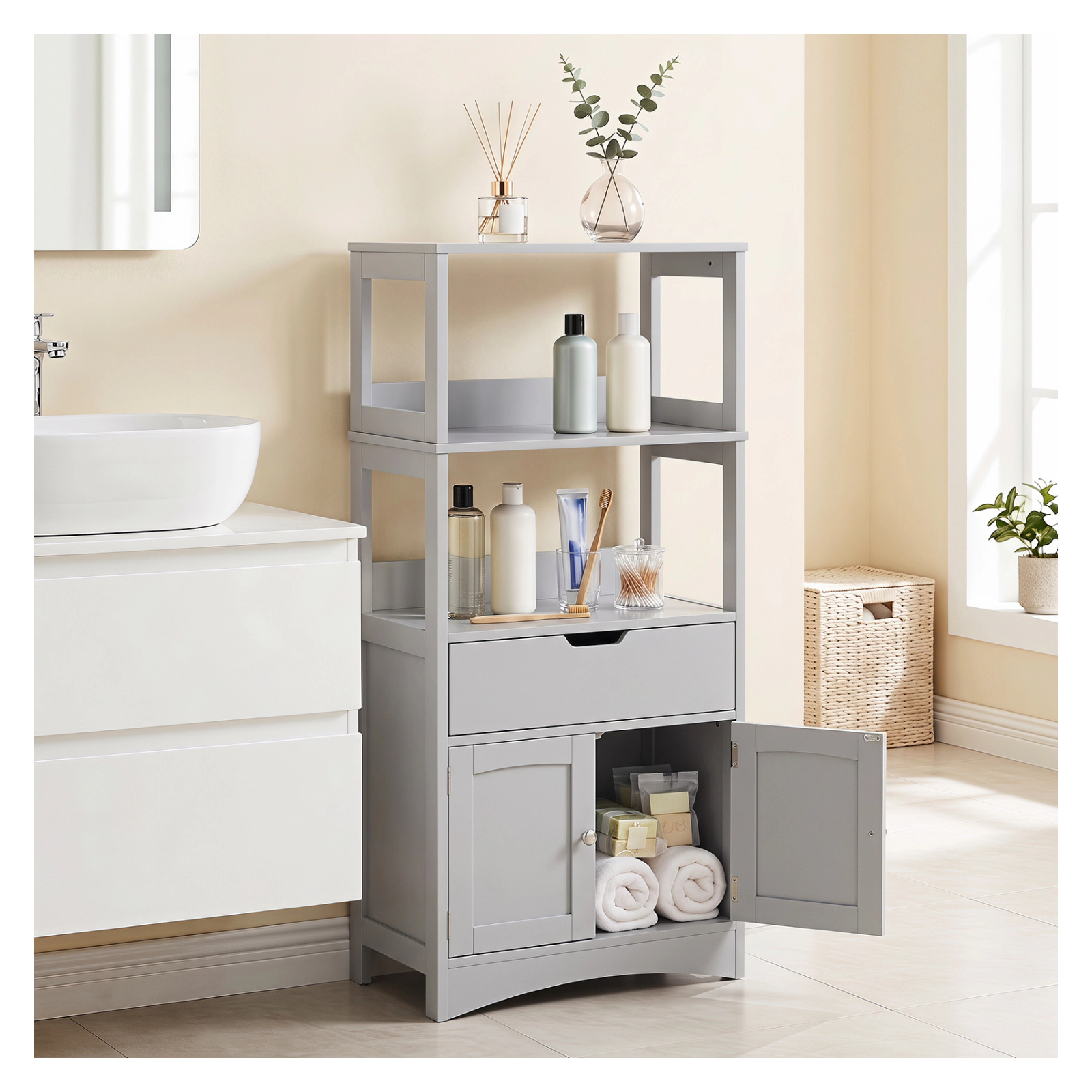 Glintex 48-Inch Bathroom Cabinet with Anti-Fall Baffles Drawer and 2 Doors