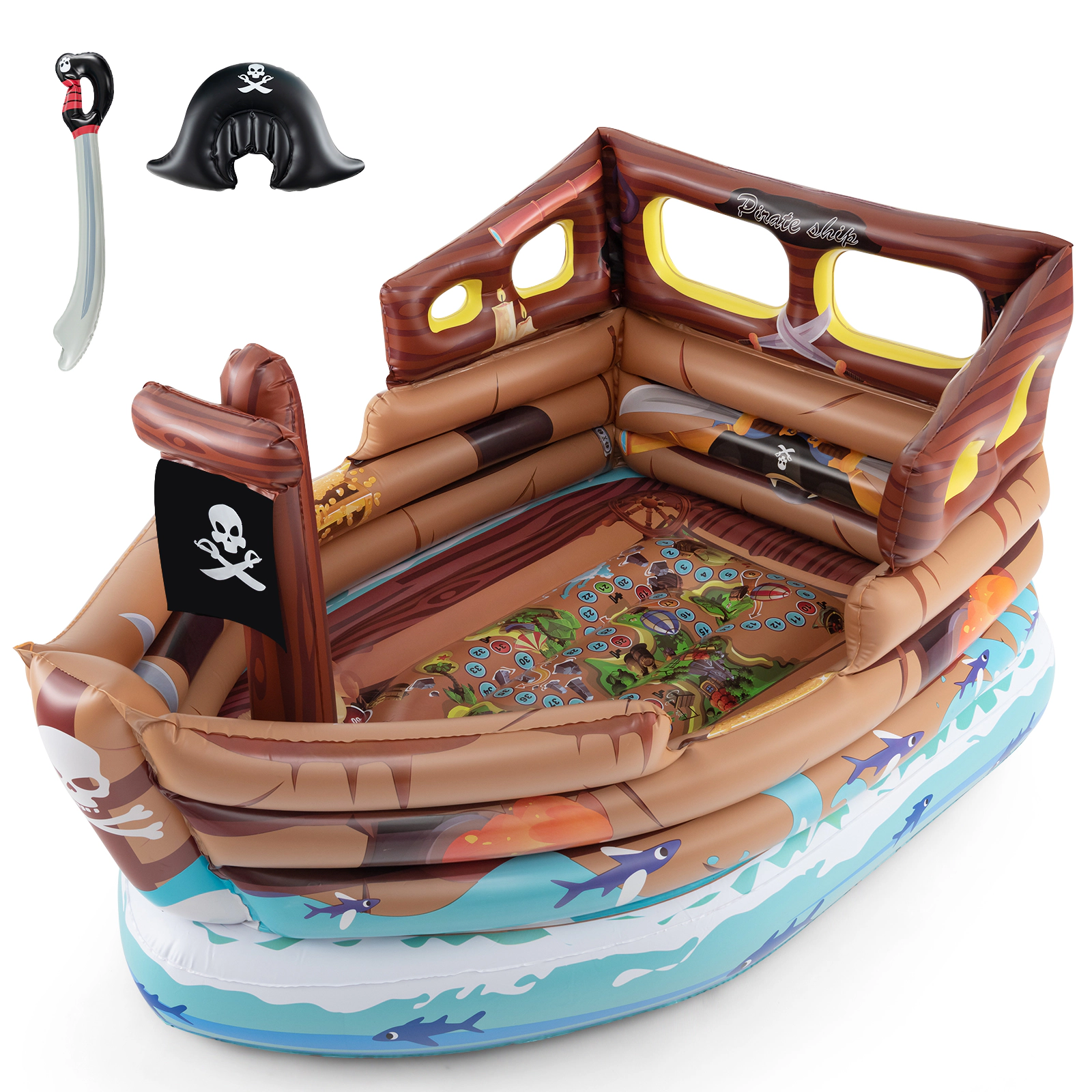 SUGIFT Brown Built-in Motor Toy Sword and Pirate Hat Kids Inflatable Pirate Ship Playhouse