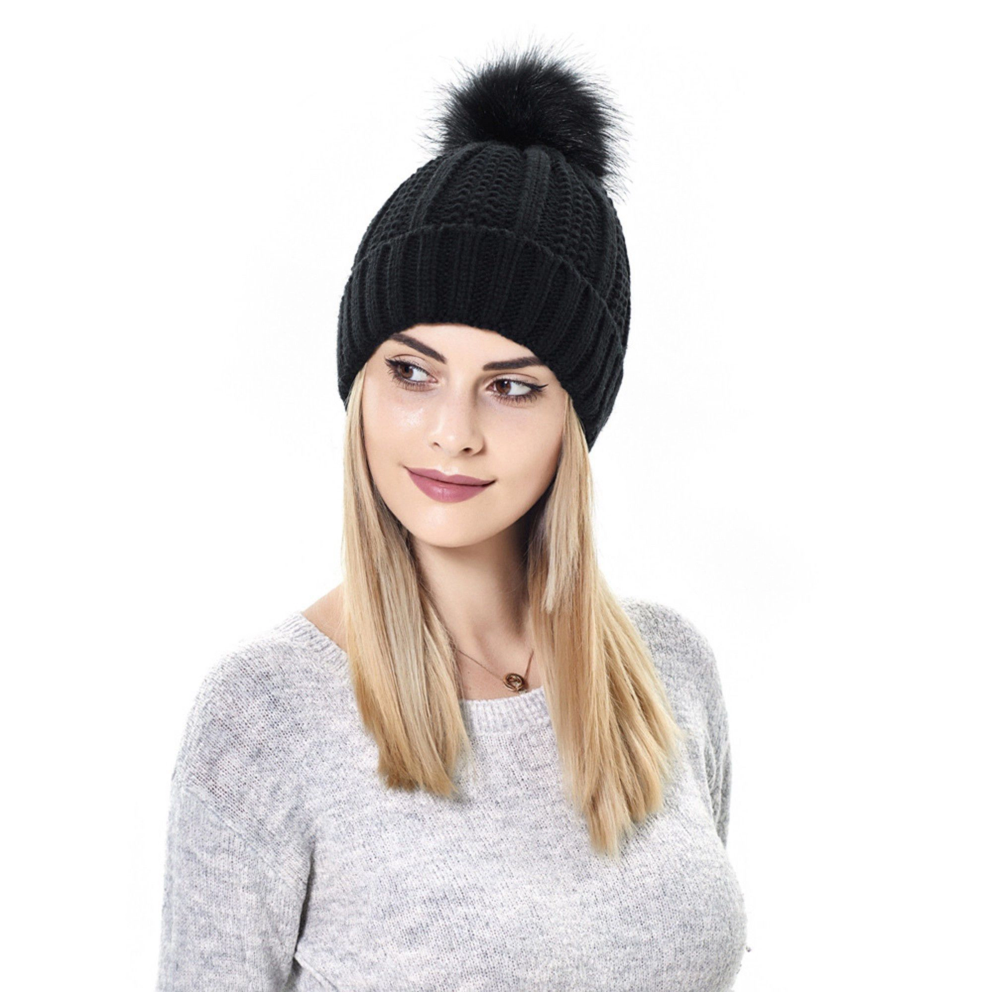Anna-Kaci Women's Satin-Lined Ribbed Knit Fluffy Pom Winter Beanie Hat