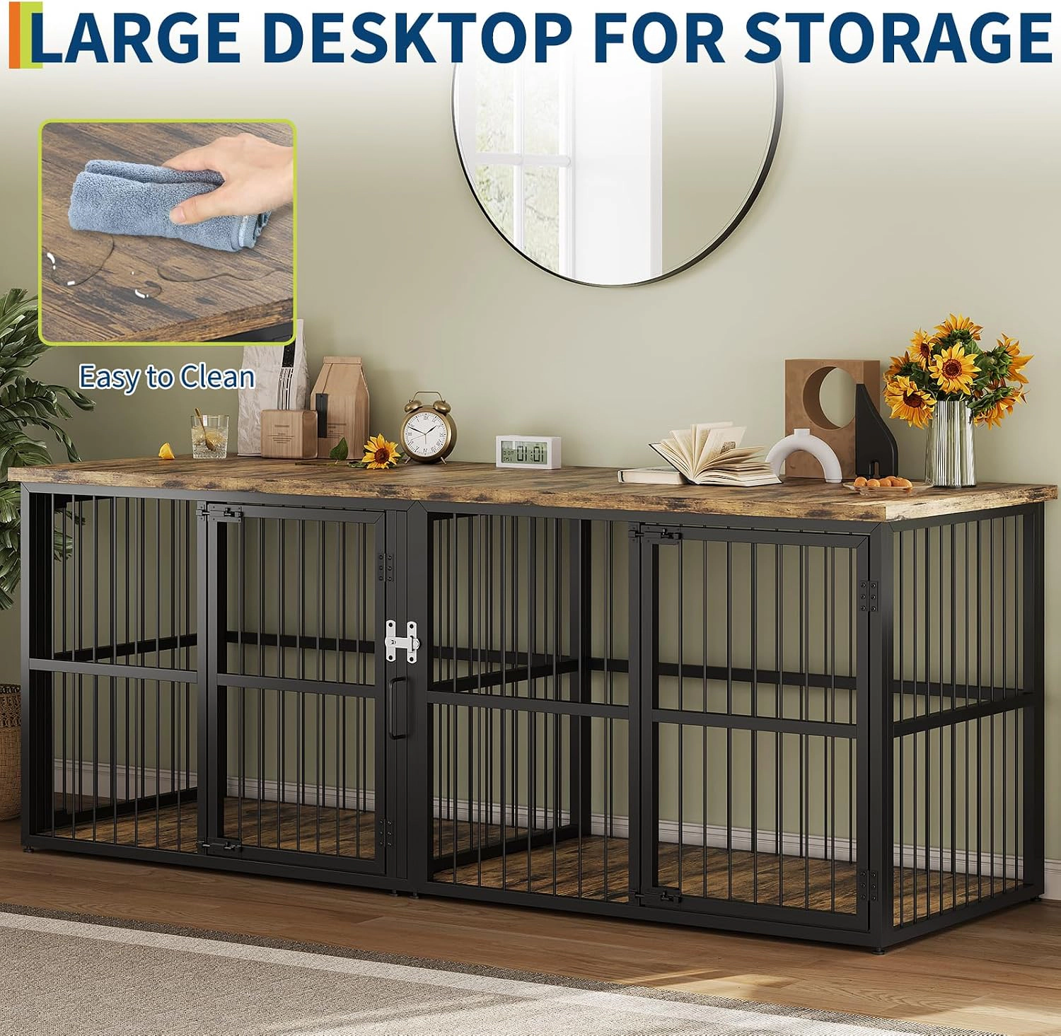 Double Dog Crate Furniture, Heavy-Duty Ironwood Pet Cage with Divider for Two Pets