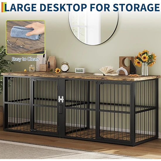 Double Dog Crate Furniture, Heavy-Duty Ironwood Pet Cage with Divider ...