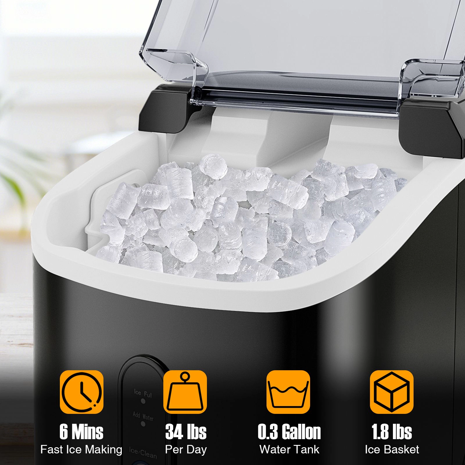 SlickBlue Black Silver Stainless Steel Nugget Ice Maker, 34 Lbs Daily, 6-Minute Cycle, Self-Cleaning