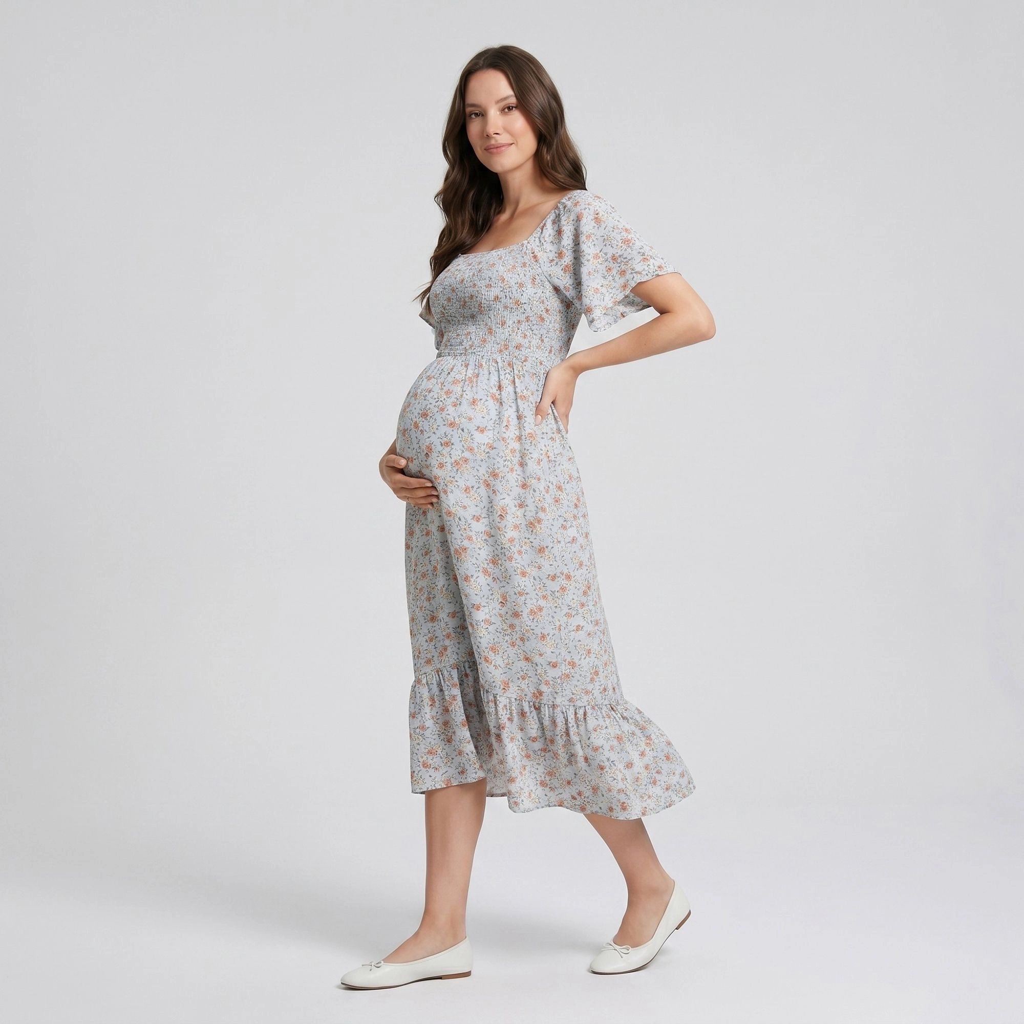 Anna-Kaci Women's Maternity Floral Square Neck Smocked Bodice Flutter Sleeve Midi Dress