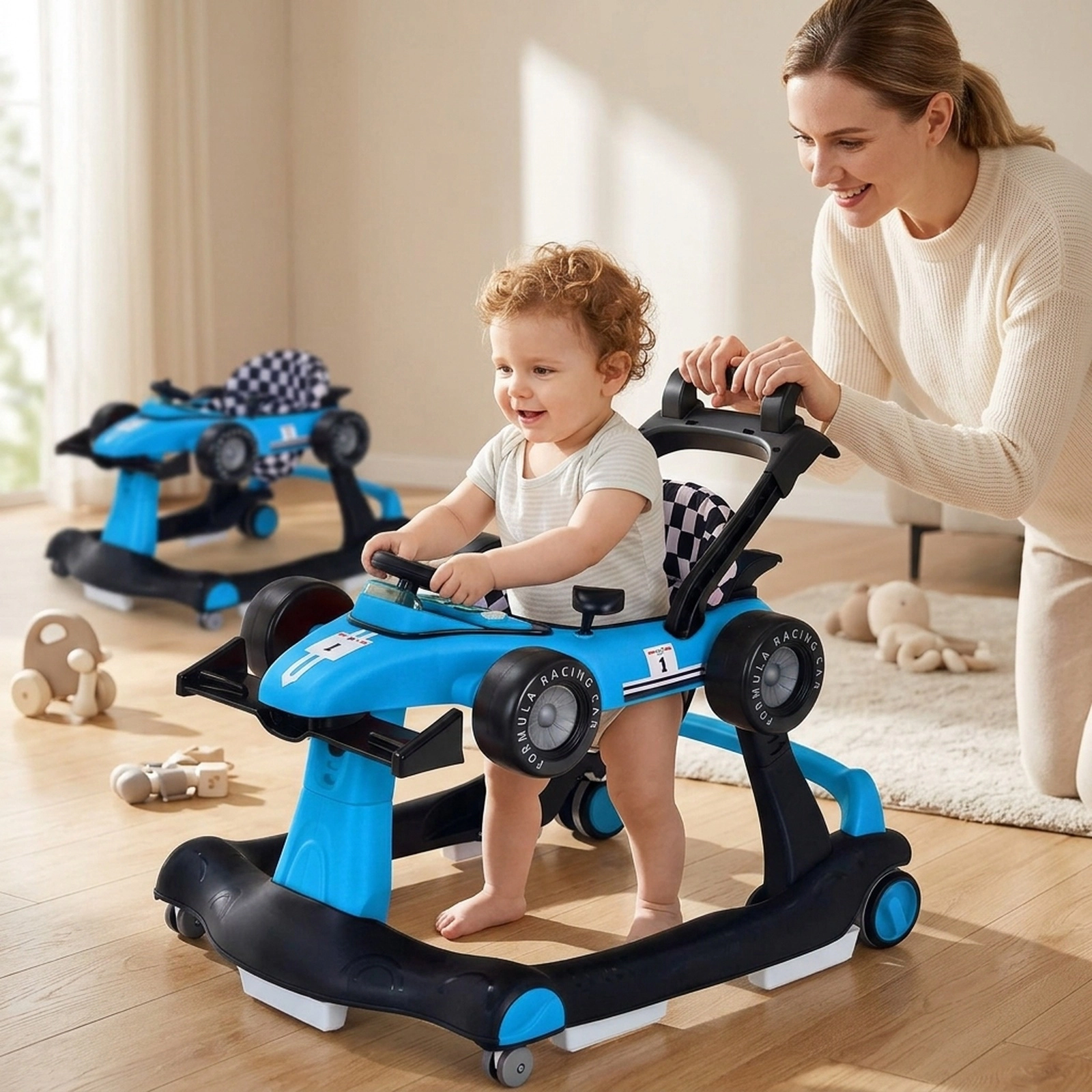 5-in-1 Baby Walker with Wheels with 2 Speed Settings 5 Padded Stair Guards 3 Seat Heights and Toy Car Floor Mode Blue