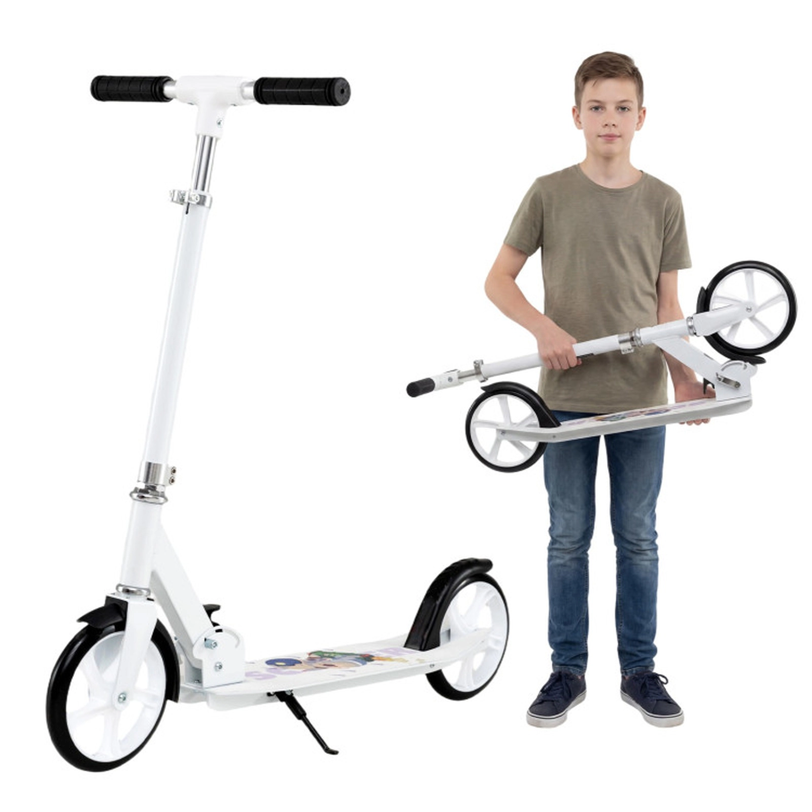 SUGIFT White Folding Kick Scooter, 220 lb Capacity, 8 in PU Wheels, Adjustable 3-Height Handlebar