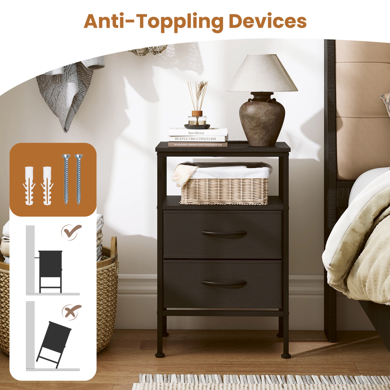Glintex 24.5-Inch Nightstand with Charging Station and 2 Folding Fabric Drawers