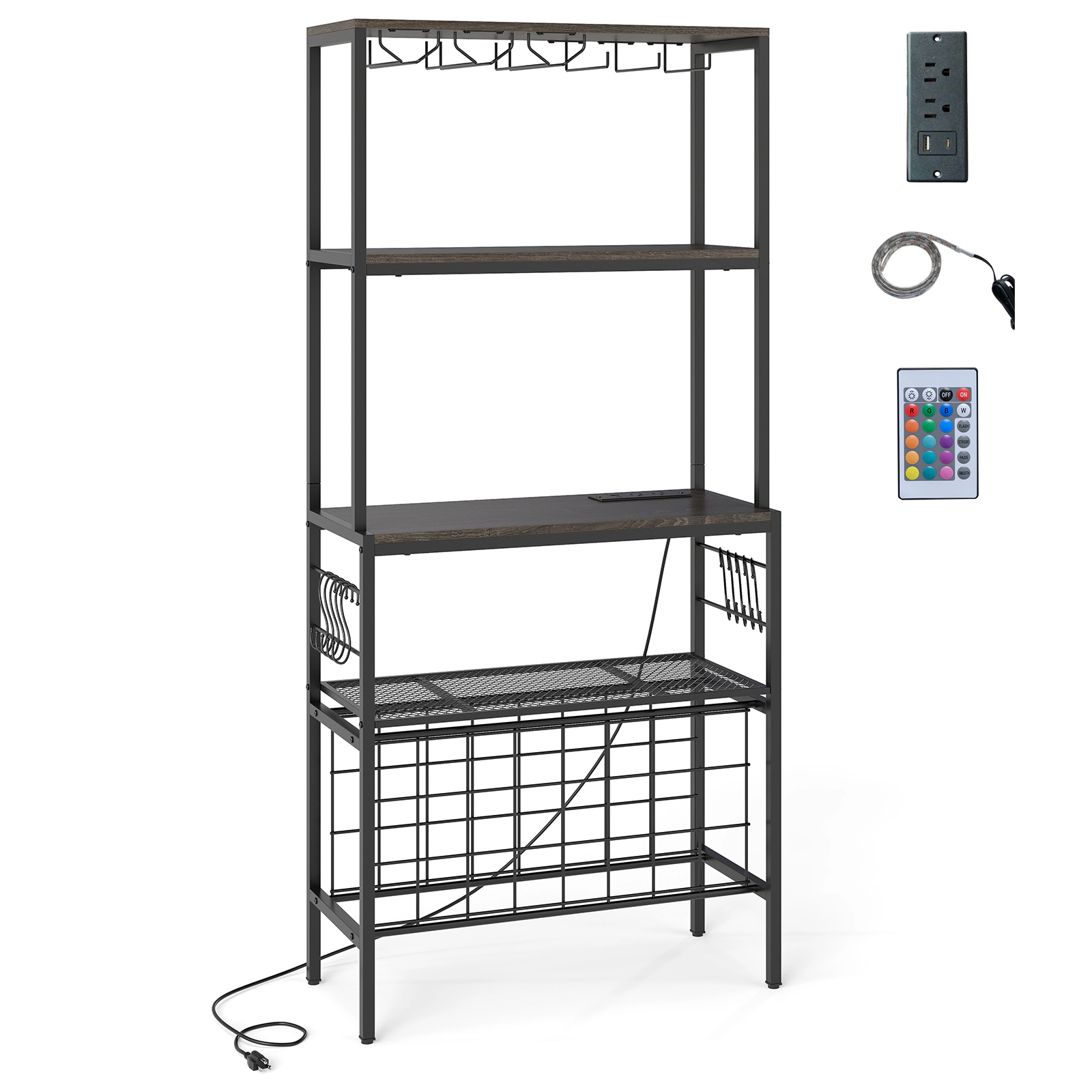 SUGIFT Black 65-in Industrial Wine Rack Bar Cabinet with Power Outlet RGB Light and 24-Bottle Shelf