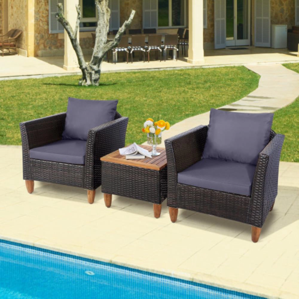 Hivvago 3 Pieces Outdoor Patio Wicker Furniture Set With Cushions And Acacia Wood Coffee Table-Gray