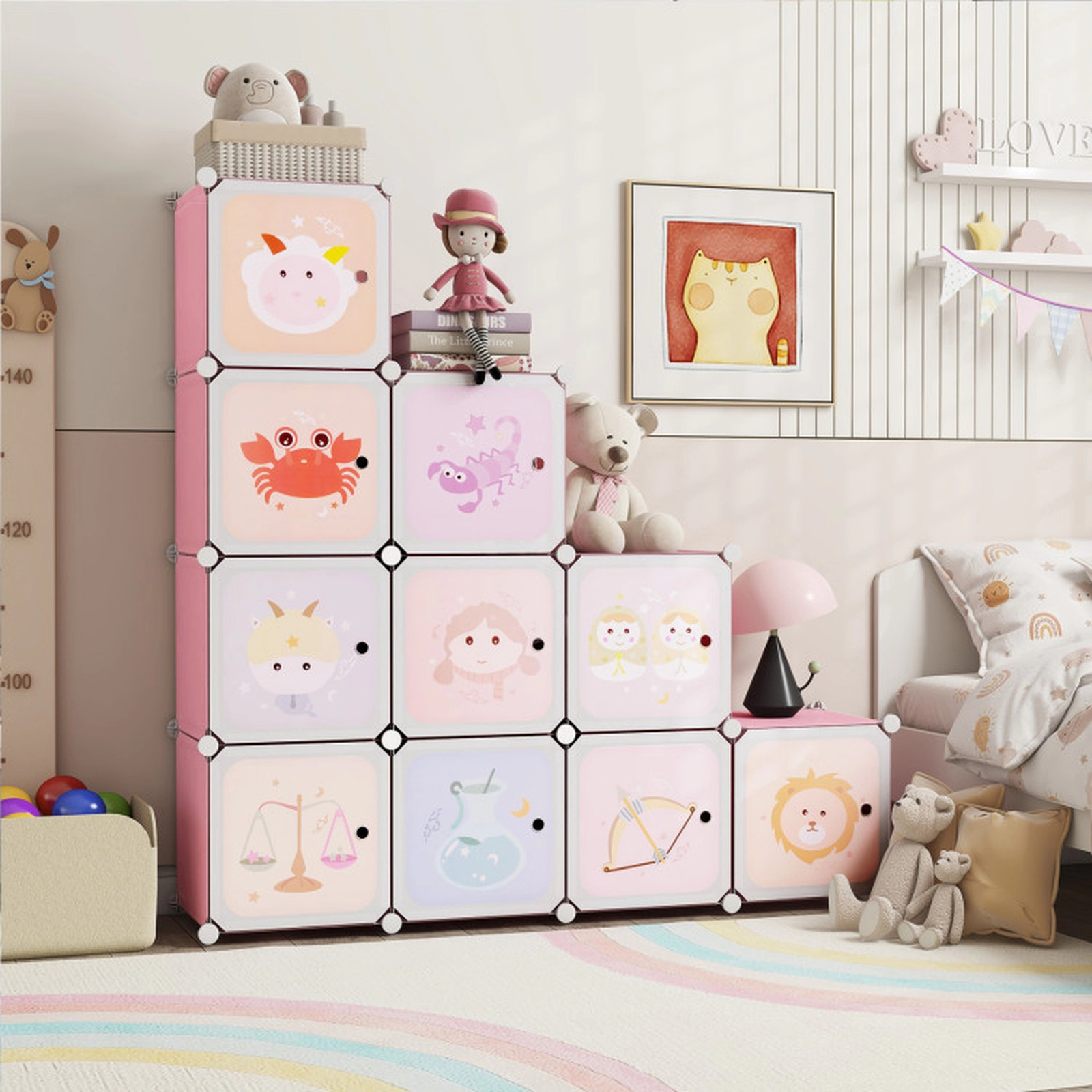 SUGIFT Kids 12-Cube Printed Doors Hanging Section Modular Wardrobe Closet 43-in x 14-in x 57-in 22-lb per Cube Pink