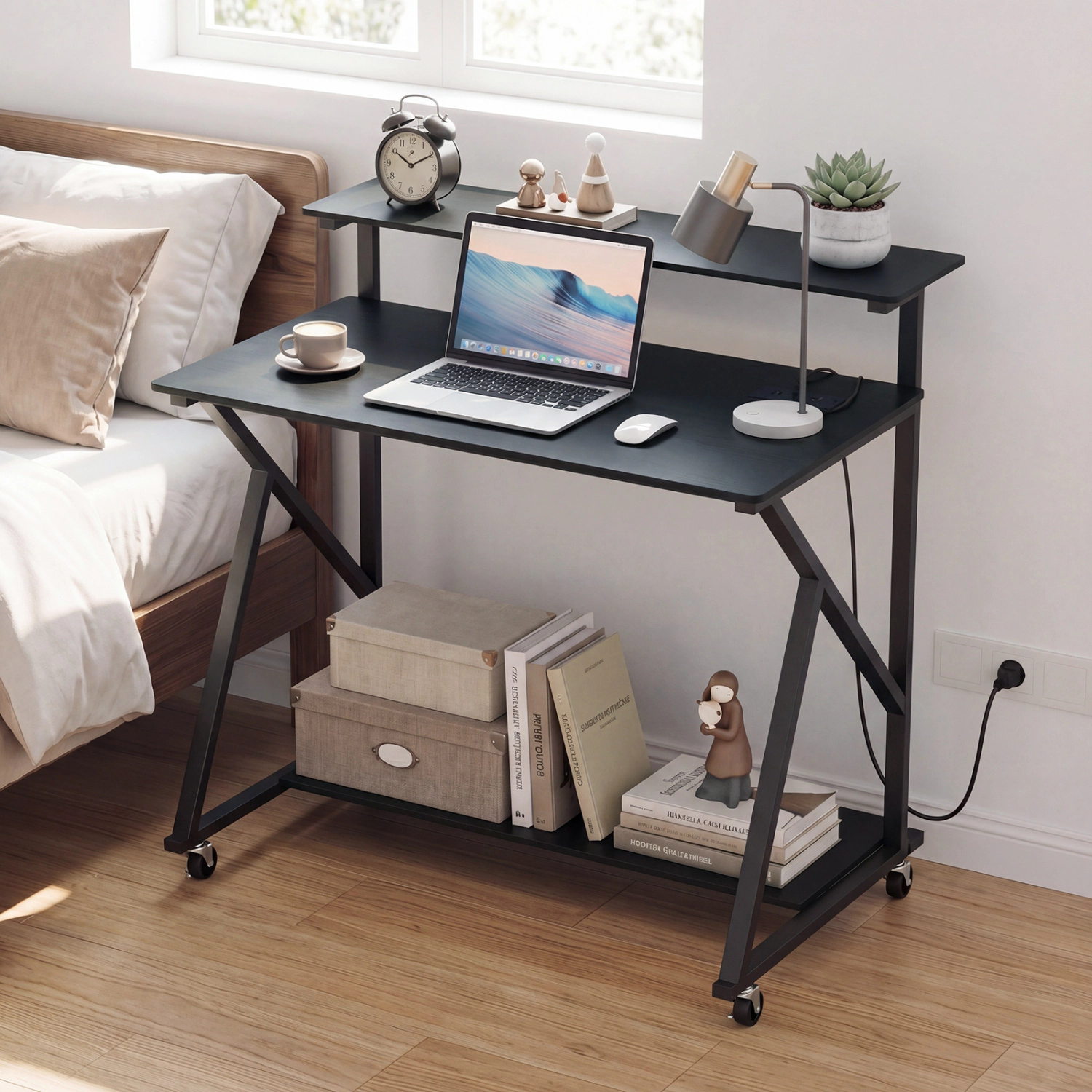 LJG Rolling Computer Desk with Charging Station and Monitor Shelf Storage for Home Office