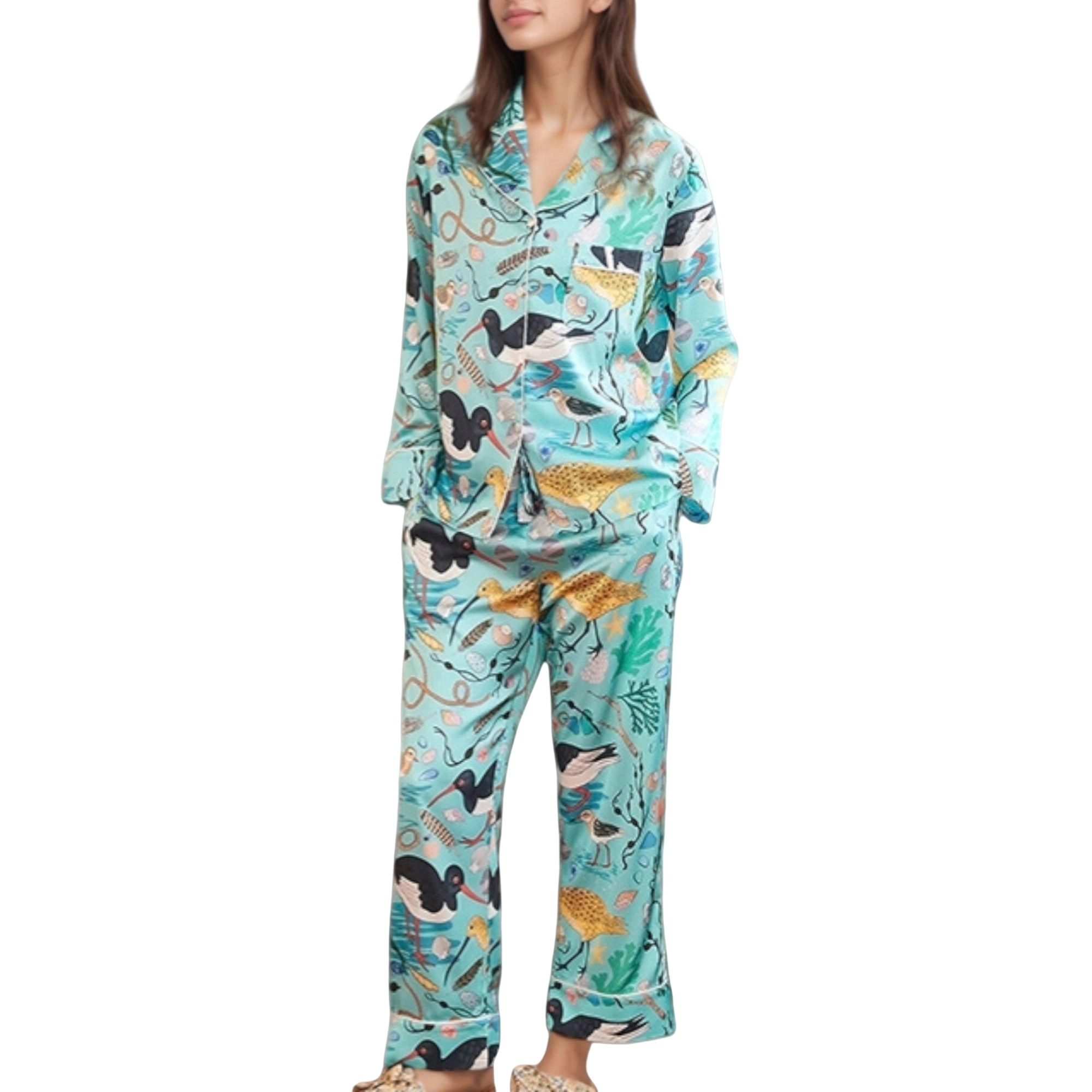 Anna-Kaci Women's Tropical Bird Print Pajama Set Long Sleeve Notch Collar Button Down Top and Relaxed Silky Woven Pants