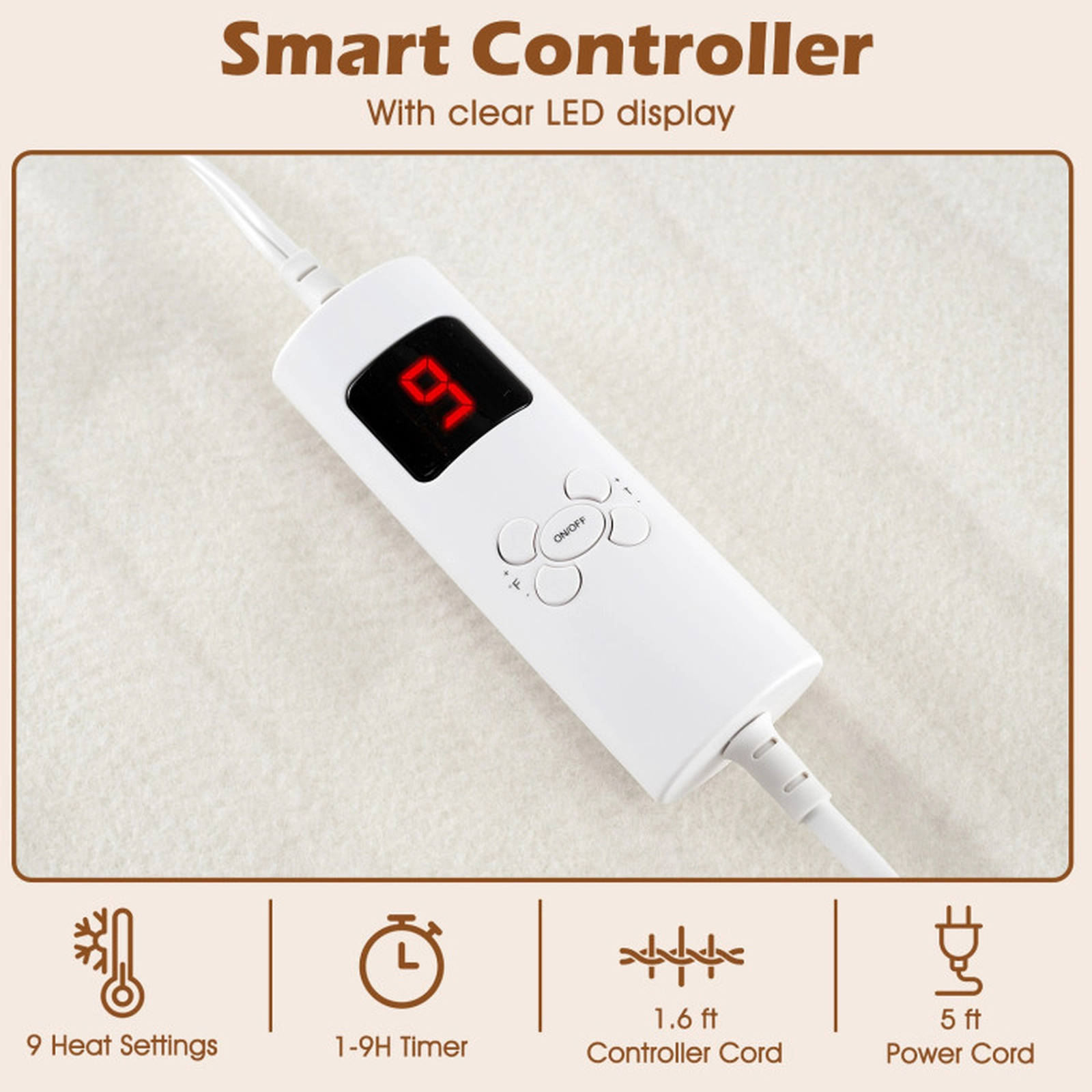 SUGIFT Twin Size LED Controller 9 Heat Settings 9-Hour Auto Off Electric Heated Mattress Pad 76-in x 39-in White