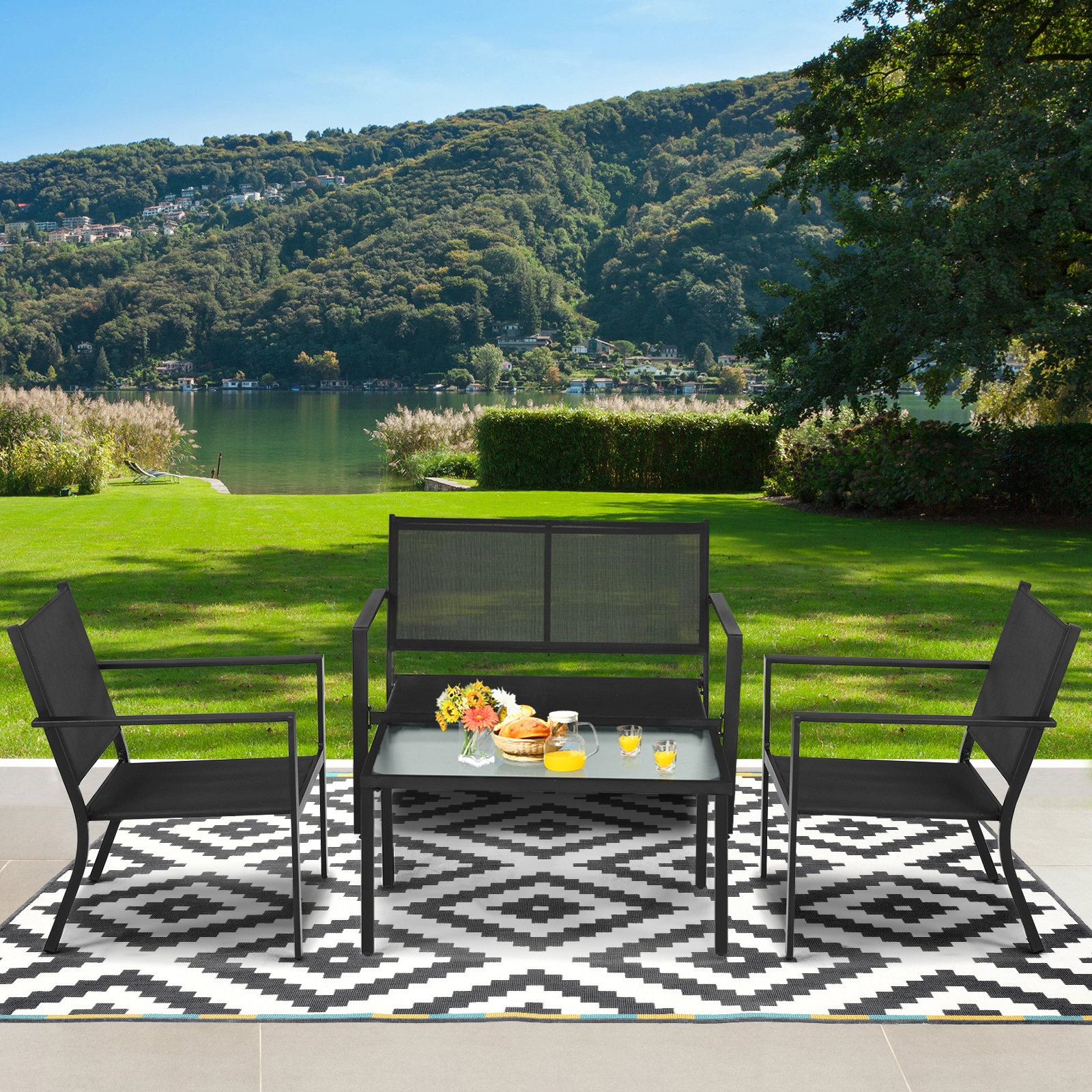 SUGIFT Gray 4-Piece Patio Conversation Set with Loveseat and Tempered Glass Table