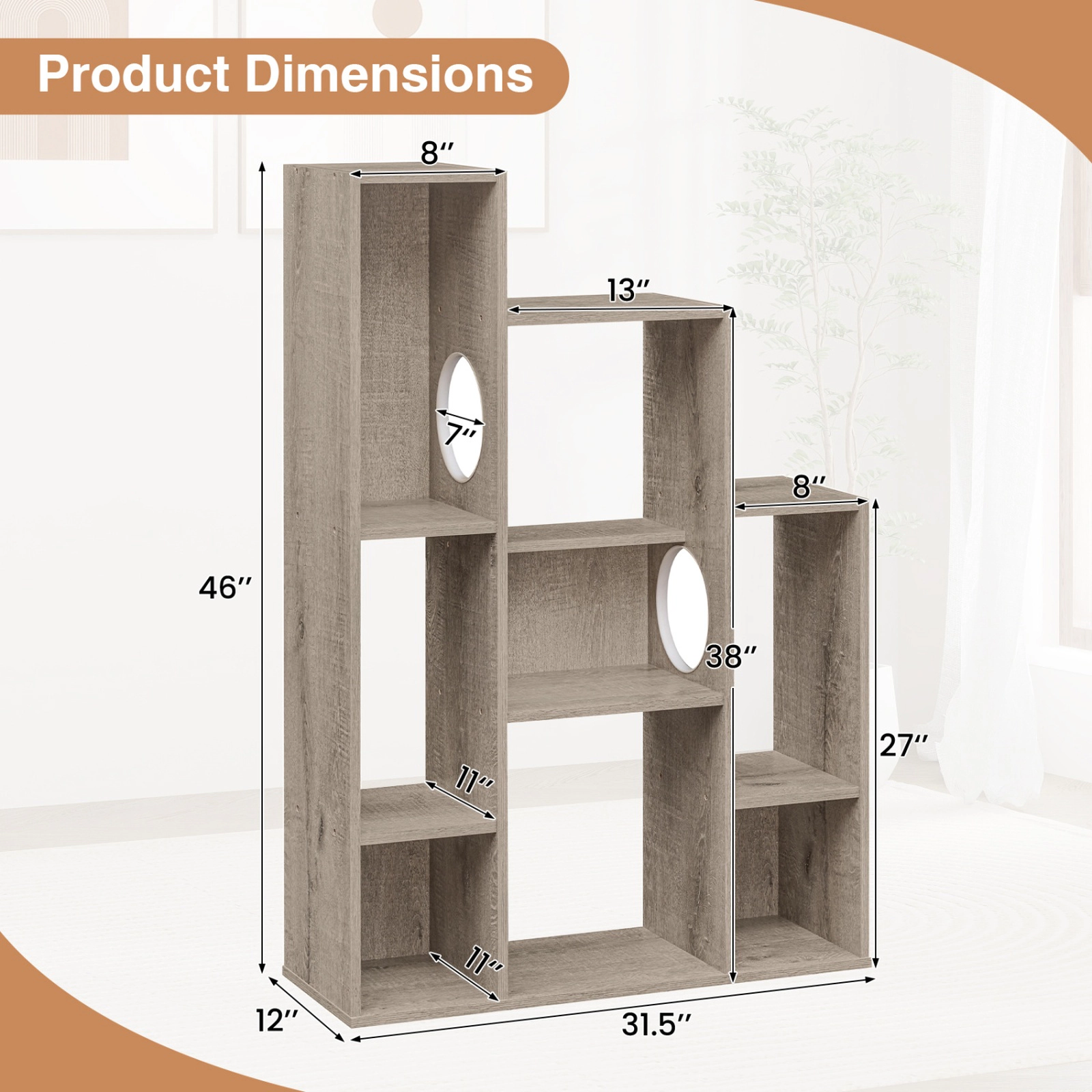 SUGIFT 46-in Gray Oak Modern Cat Tree Bookshelf with 8-Section Cabinet 2 Cat Holes and Wall Anchor