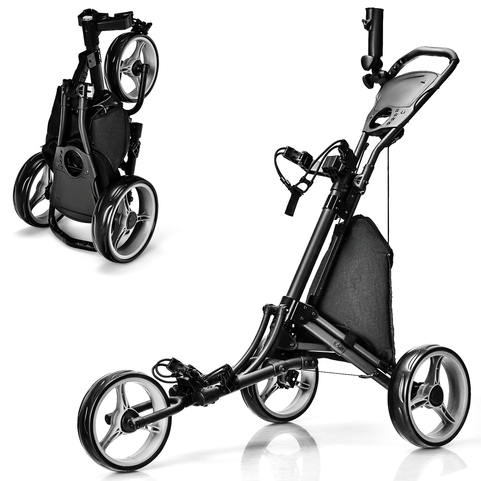SUGIFT Folding 3-Wheel Golf Push Cart for Golf Bags Scoreboard & Adjustable Handle 30-lb Capacity 47.5-in Frame Gray