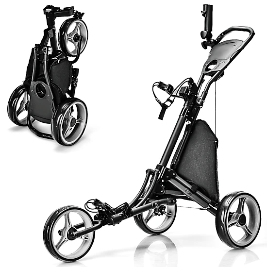 SUGIFT Folding 3-Wheel Golf Push Cart for Golf Bags Scoreboard & Adjustable Handle 30-lb Capacity 47.5-in Frame Gray