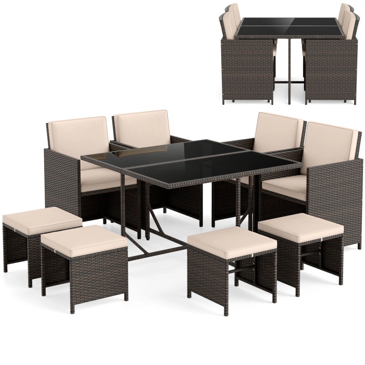 Hivvago 9 Piece Patio Dining Set With Tempered Glass Table And Ottoman