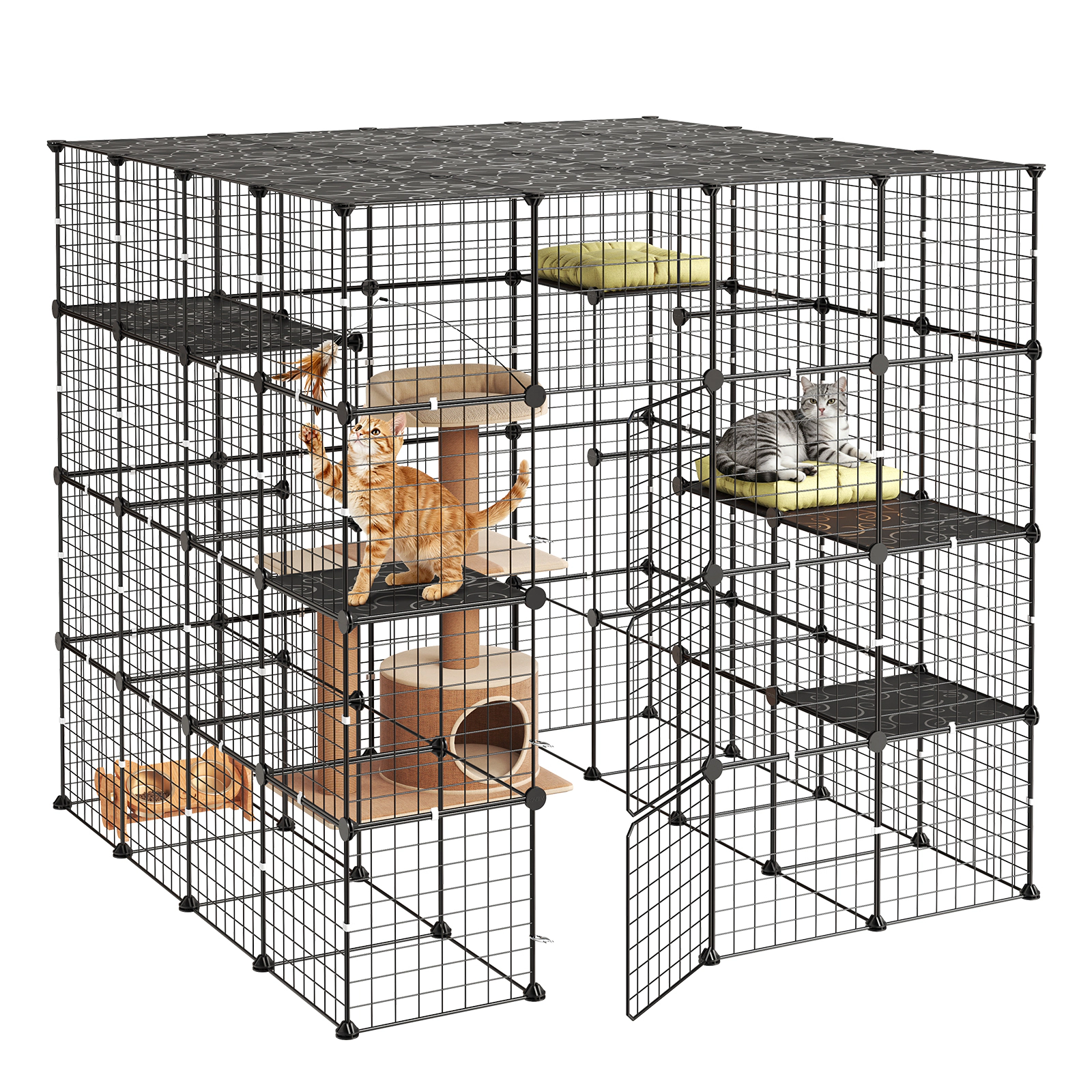 HONGGE 55 x 55 x 55 in 4-Tier Steel Cat Cage Playpen with 3 Doors, Indoor Enclosure for 2-3 Cats, Black