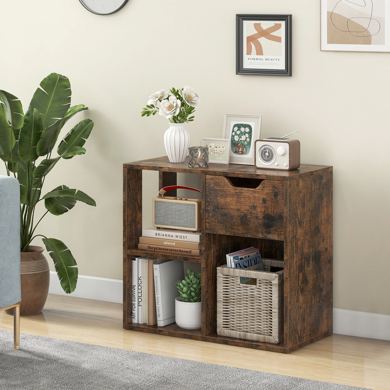 SUGIFT 3-Cube Bookcase 2-Tier Storage Shelf with Pull-Out Drawer