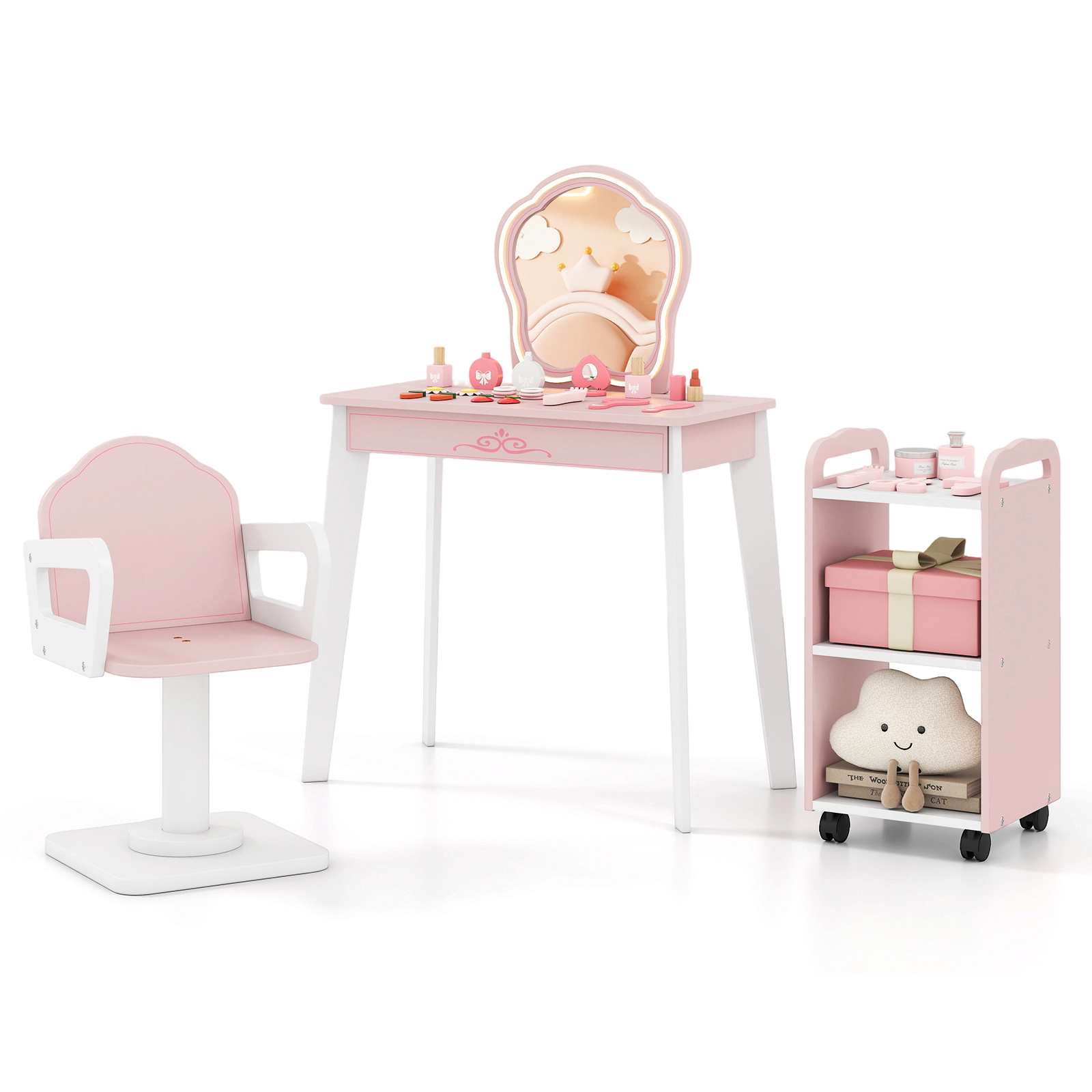 SUGIFT 3-Piece Kids Wooden Vanity Table Set with LED Lighted Mirror Rolling Cart and Swivel Chair