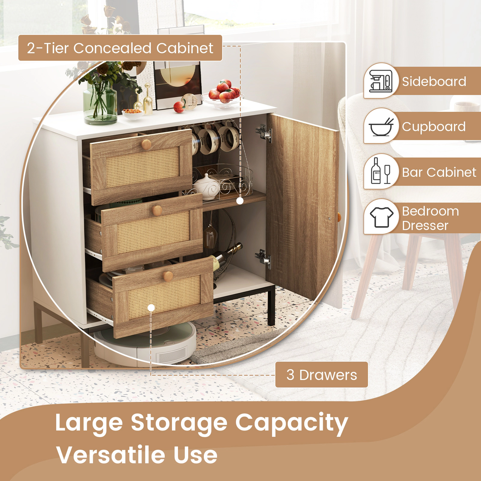 SUGIFT 3-Drawer 1 Door Rattan Front Soft Close Sideboard Cabinet 31.5-in x 14-in x 31.5-in 110-lb Capacity White
