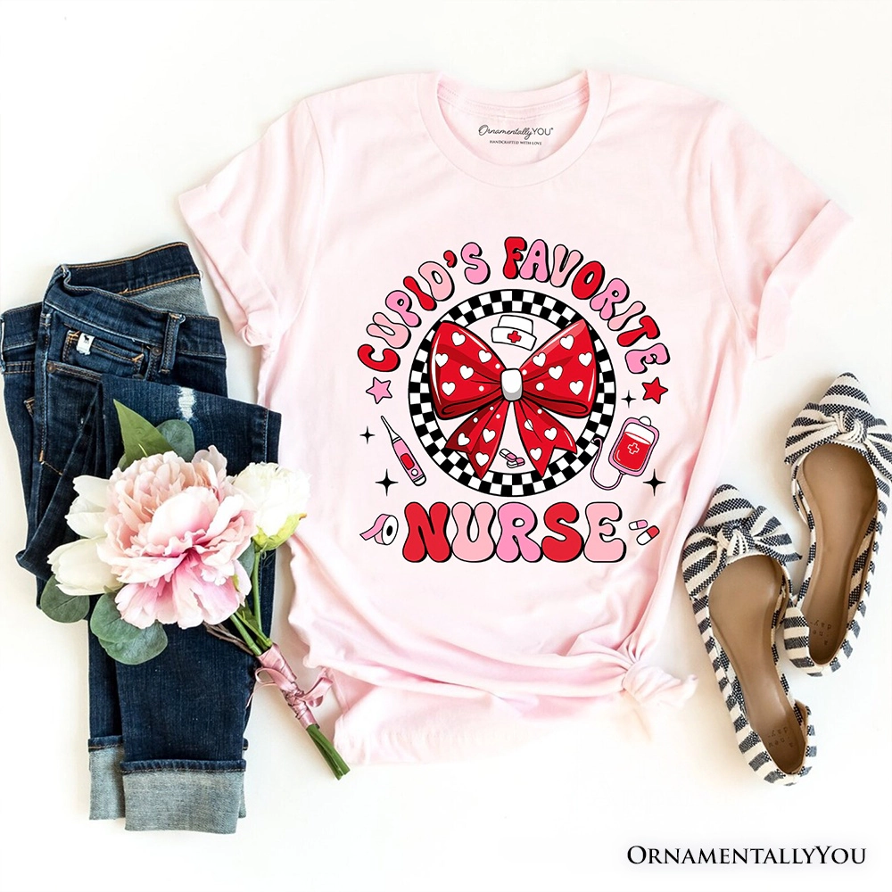 OrnamentallyYou Womens Cupid's Favorite Nurse Coquette Bow Valentine T-Shirt