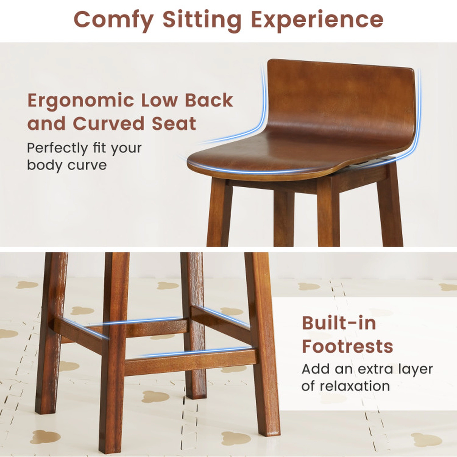 SUGIFT Set of 2 360 Swivel Low Back Counter Height Wooden Bar Stools 15-in x 16.5-in x 31-in 350-lb Capacity Walnut