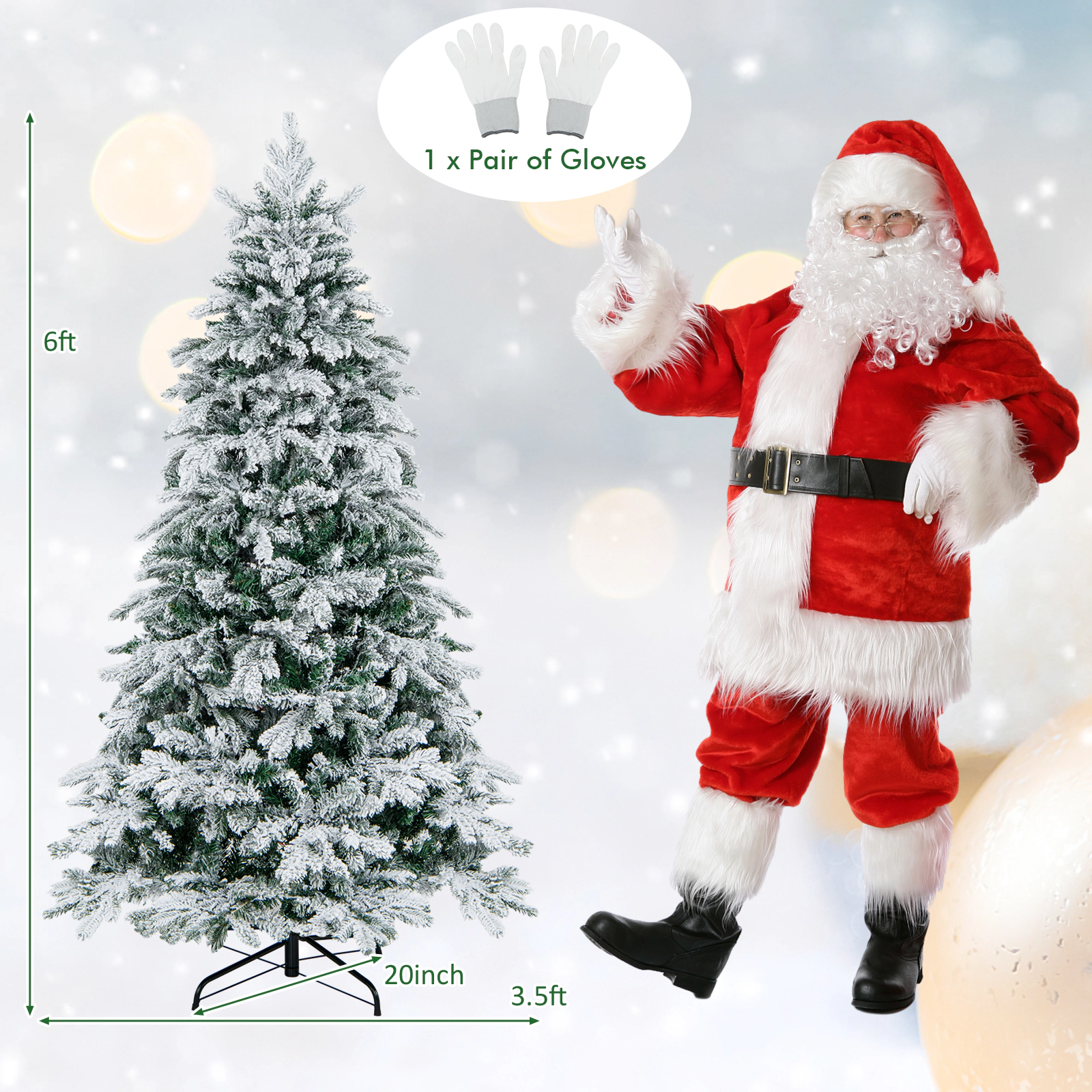 SUGIFT Flocked Artificial Christmas Tree with Warm White LED Lights 6-Ft Height Hinged Branches White & Green