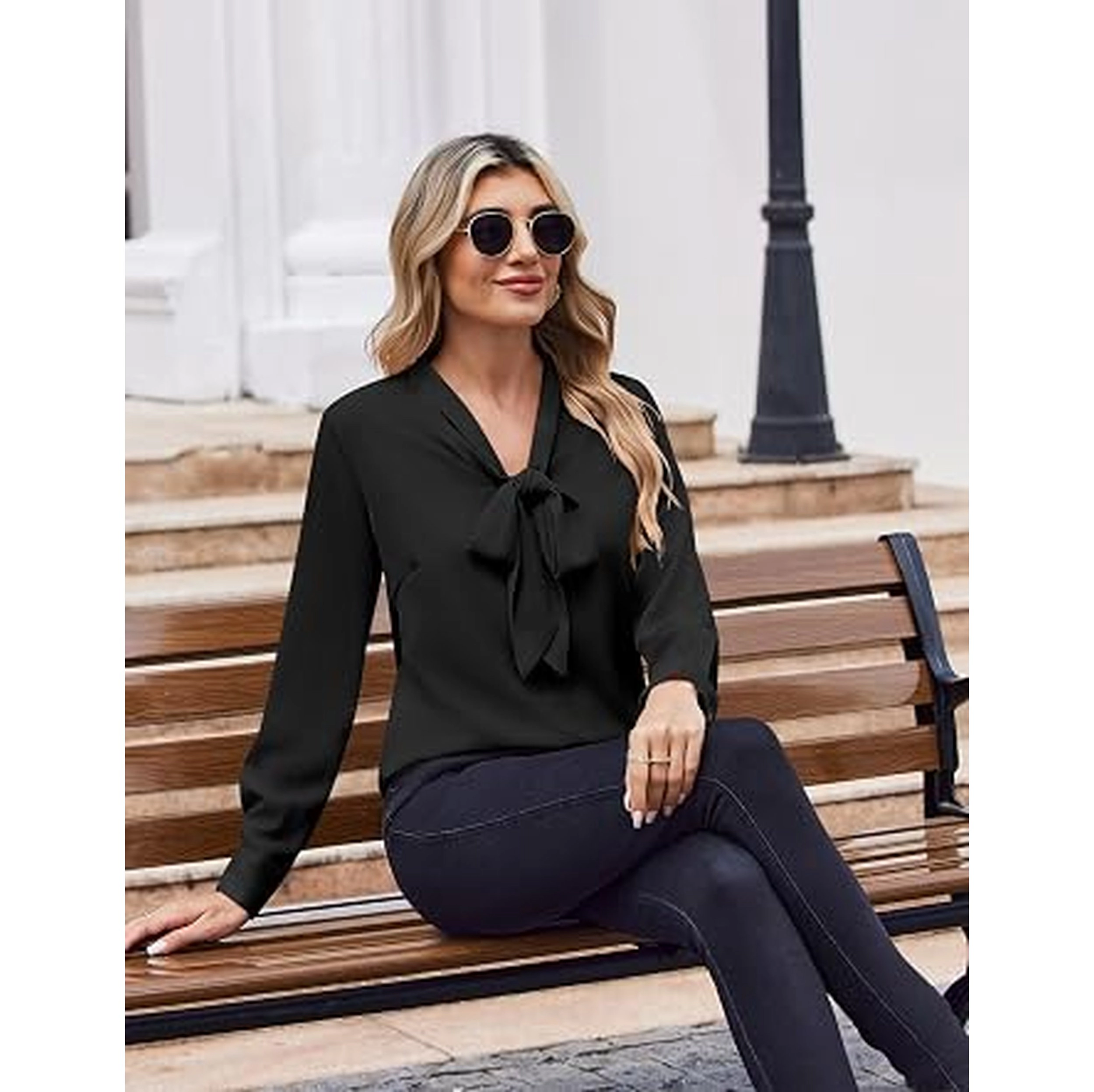Zeagoo White Blouse for Women Long Sleeve Work Casual Chiffon Tops Bow Tie Ladies Business Shirts