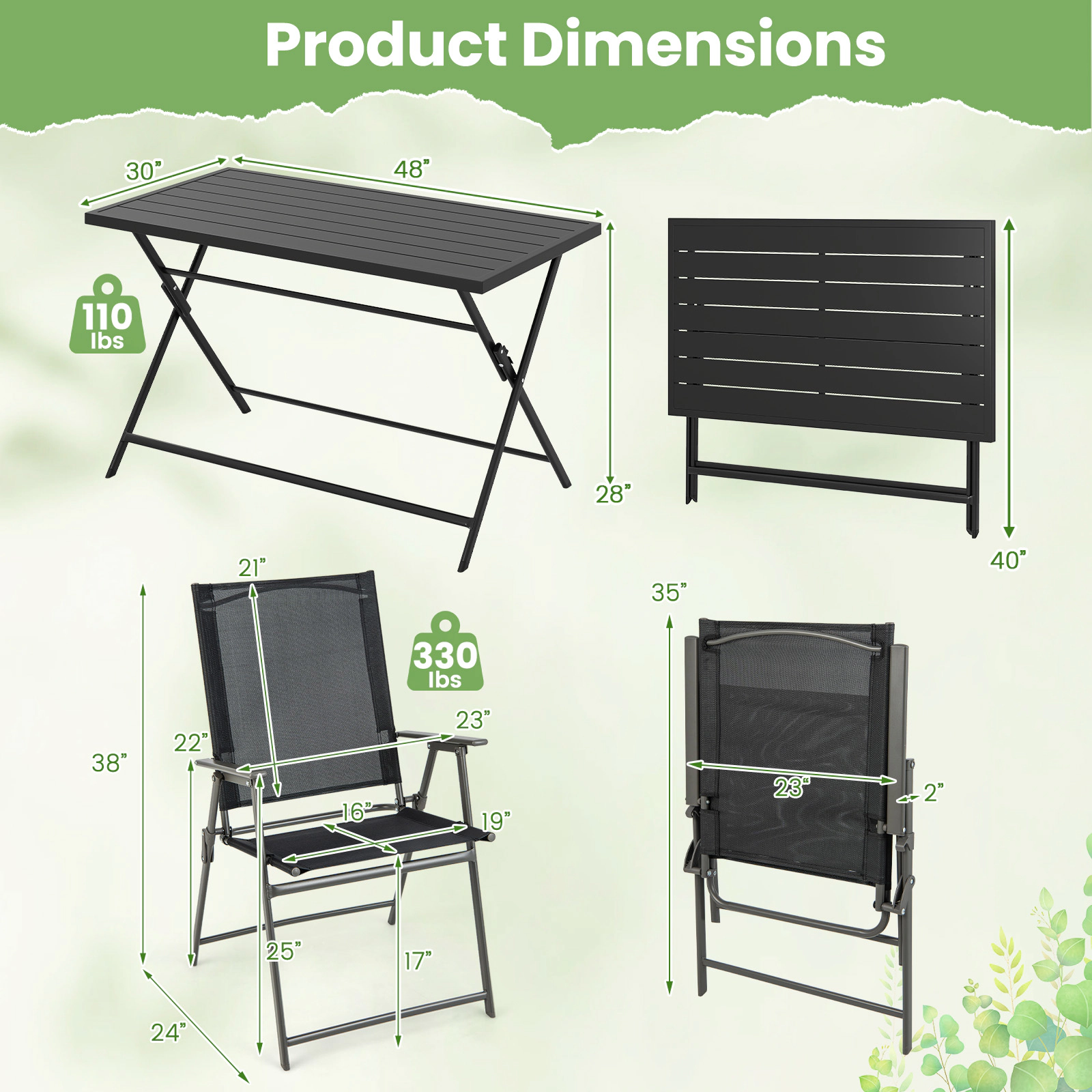 SUGIFT 5-Piece Black Folding Patio Dining Set with 48-Inch Metal Table and 4 Mesh Chairs