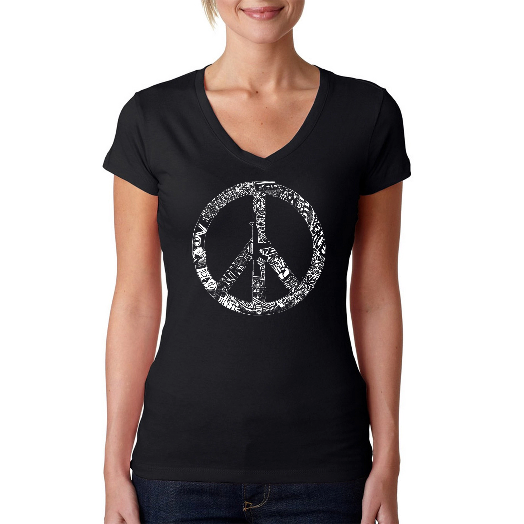 LA Pop Art Womens Word V-Neck T-Shirt - PEACE, LOVE, & MUSIC