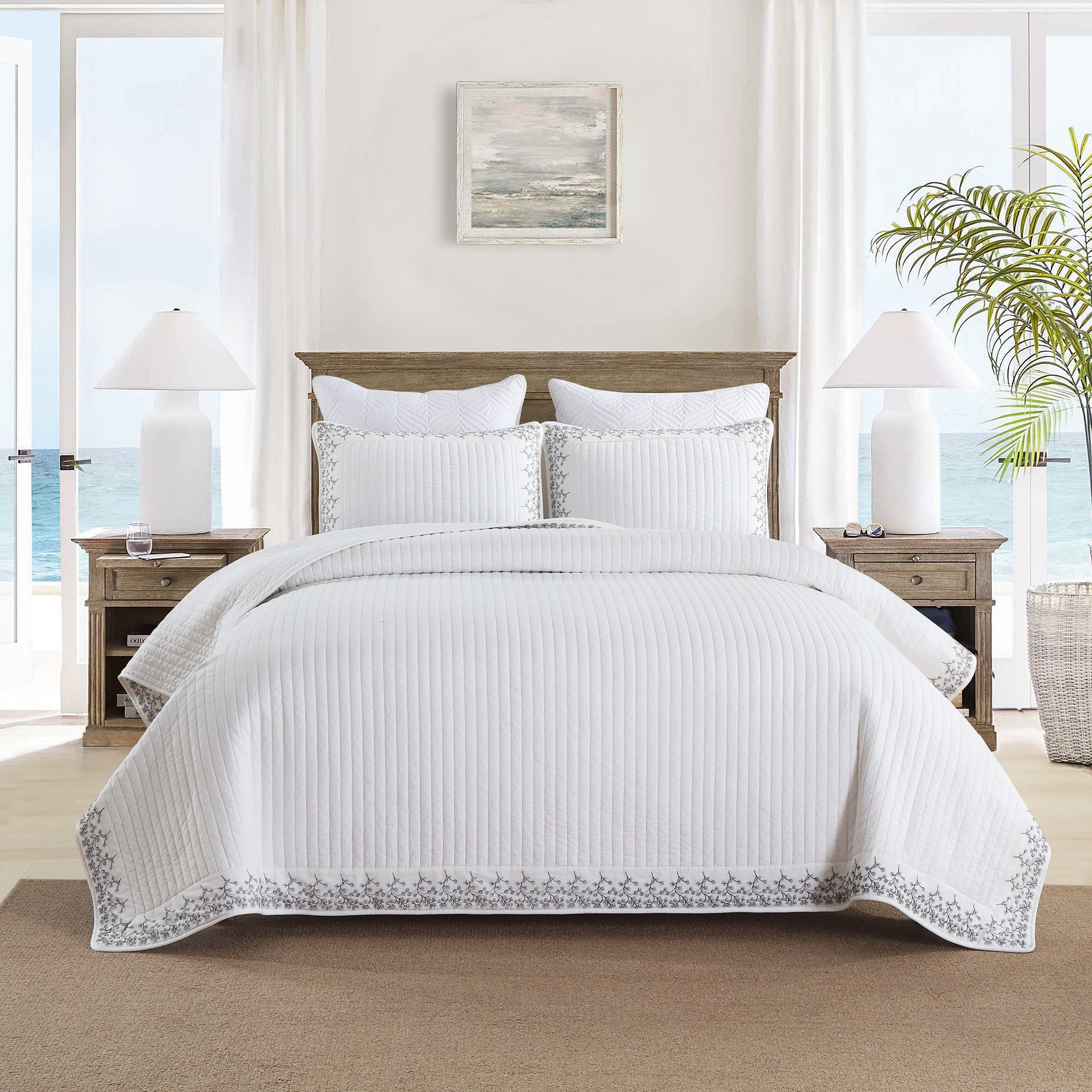 MarCielo 3 Piece 100% Cotton White Striped Embroidered Quilt Bedspread Set