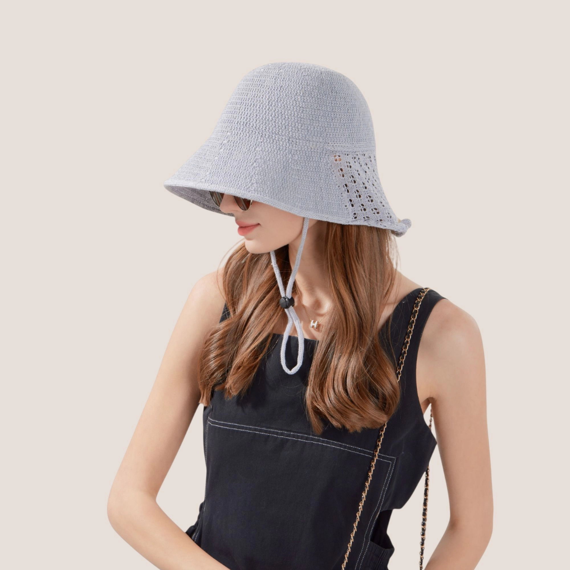 Anna-Kaci Women's Crochet Bucket Hat with Adjustable Chin Strap and Back Button Eyelet Panel for Sun Protection
