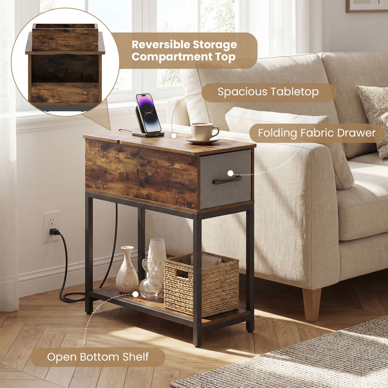 SlickBlue Narrow Side Table with LED Lights & Charging Station
