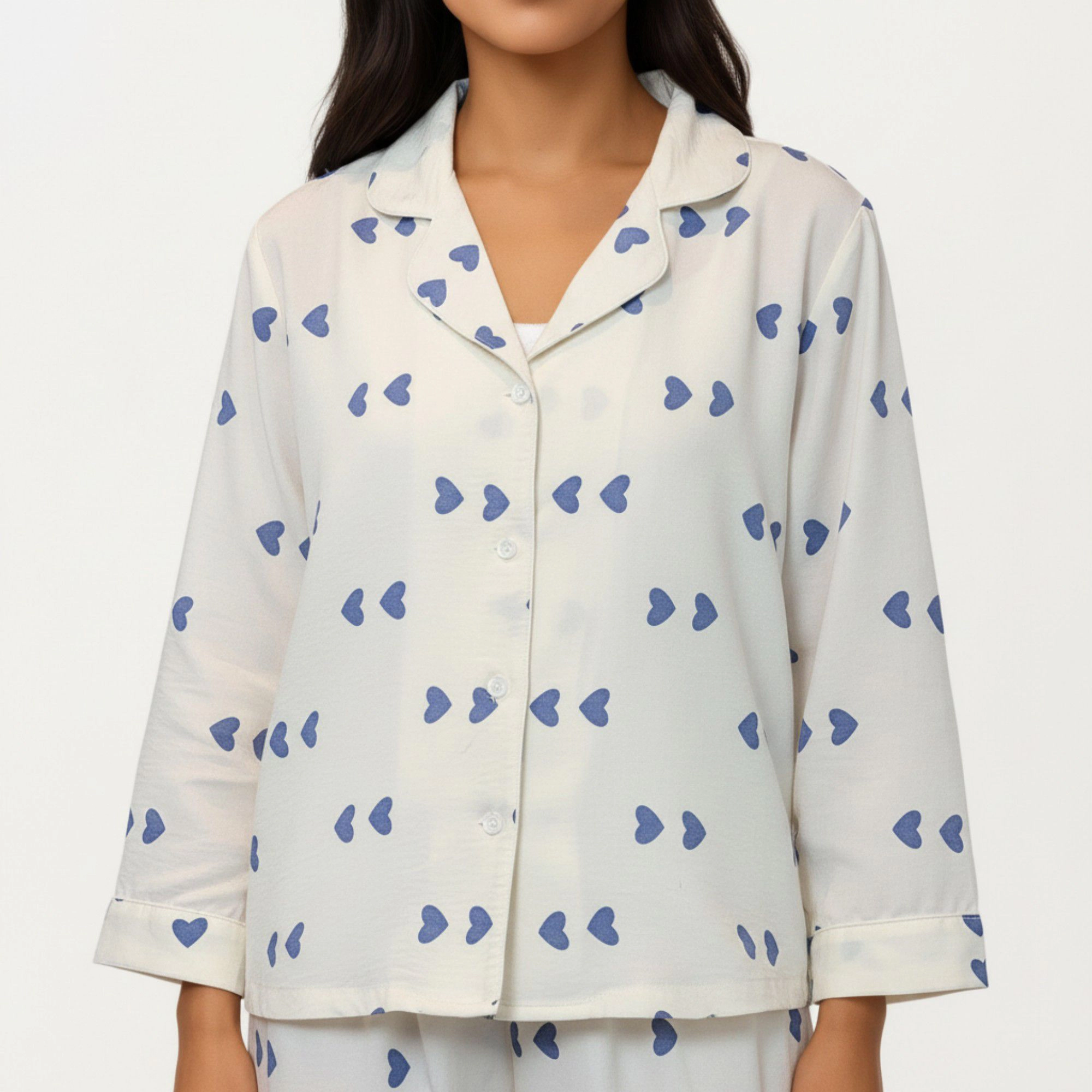 Anna-Kaci Women's 2-Piece Valentine Heart Print Button Front Pajama Top Relaxed Long Sleeves and Elastic Waist Pants