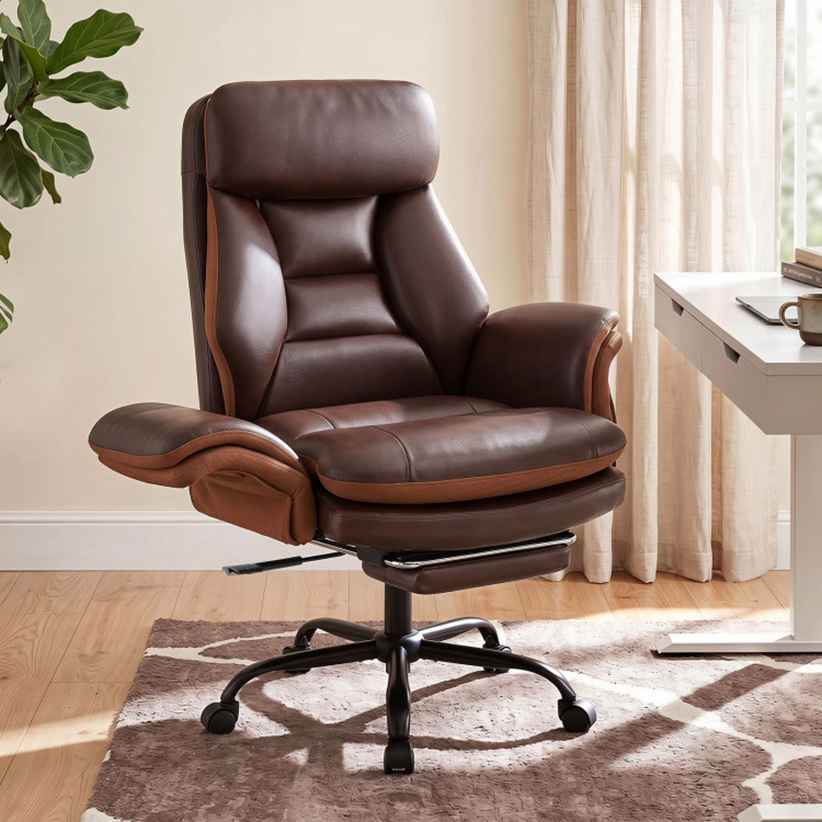 SUGIFT Brown Retractable Footrest and Faux Leather Ergonomic Big and Tall Office Chair