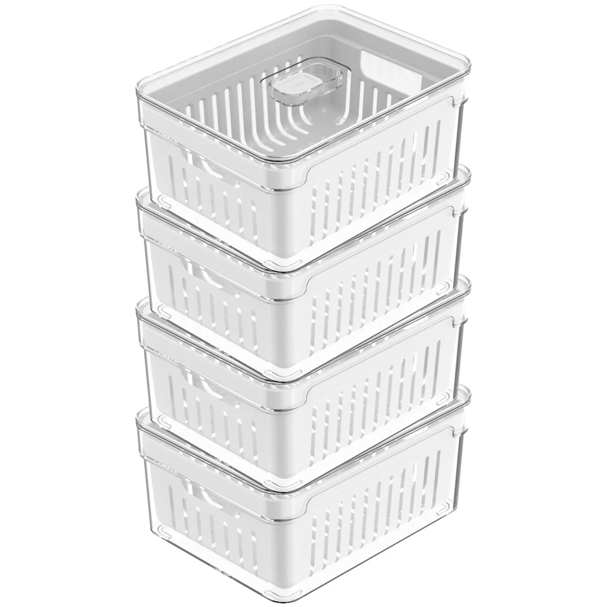 OU Fridge Organizer Bin w/ Drain Basket & Vented Lid, Clear Stackable Refrigerator Storage Container, BPA Free, 4 Pack