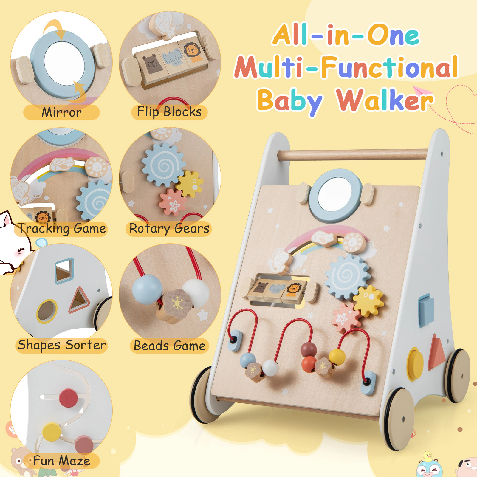 Wooden Baby Push Walker with Activity Center Rubberized Quiet Wheels and Rear Storage Basket in White