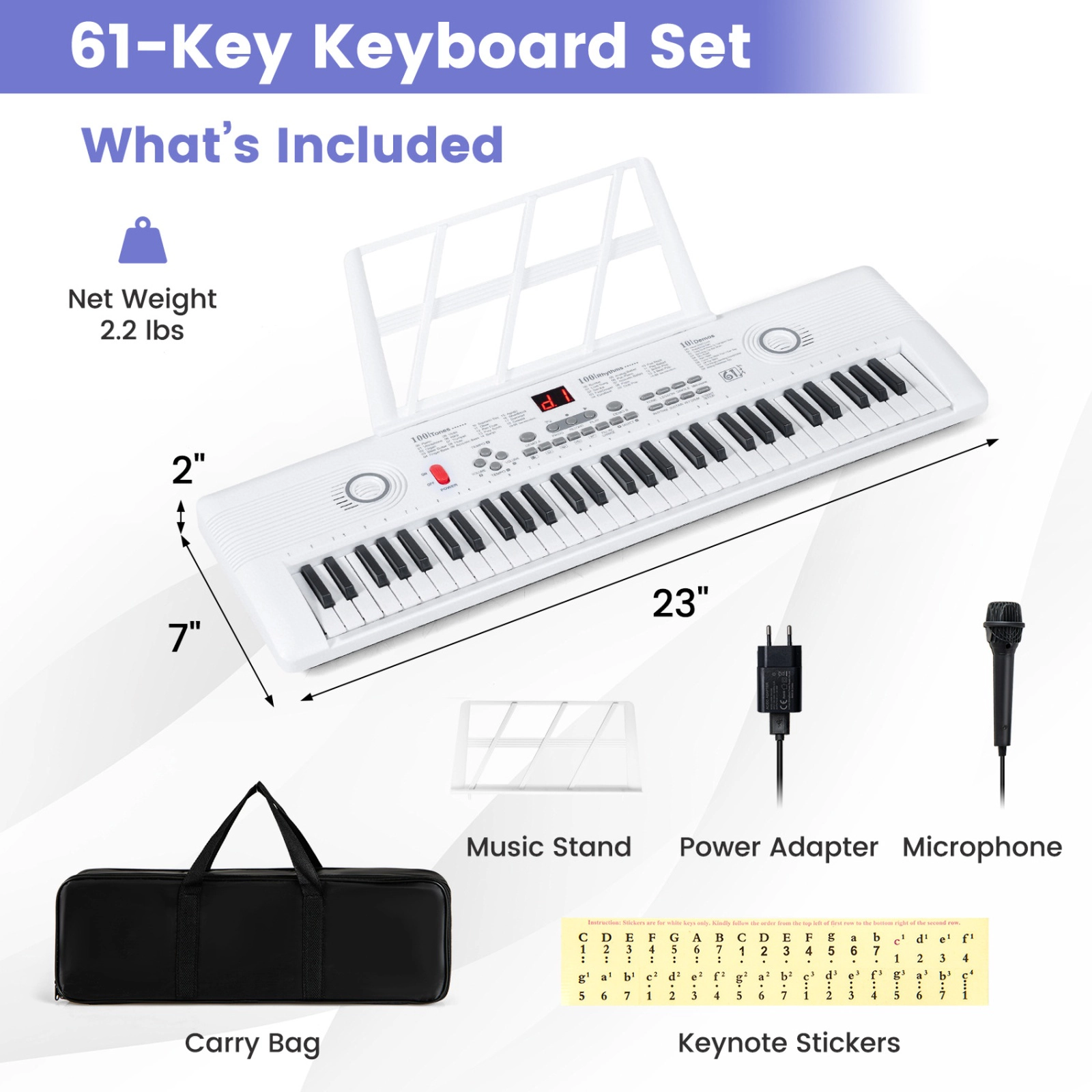 SUGIFT White 61-Key Portable Electric Digital Keyboard Piano with Mic Input Earphone Output and Carry Bag