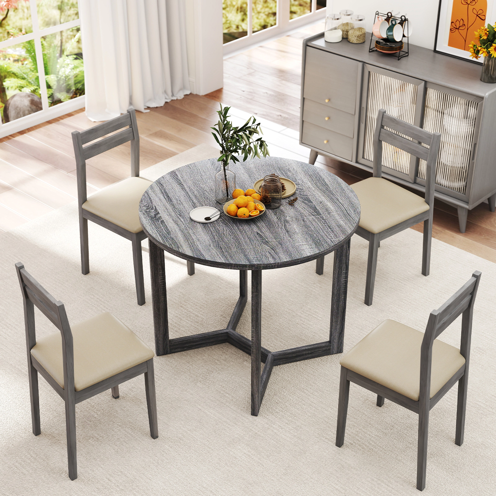 LJG 36 Inch Round Wood Dining Table for 2-4 People with Wing-Shaped Pedestal Base
