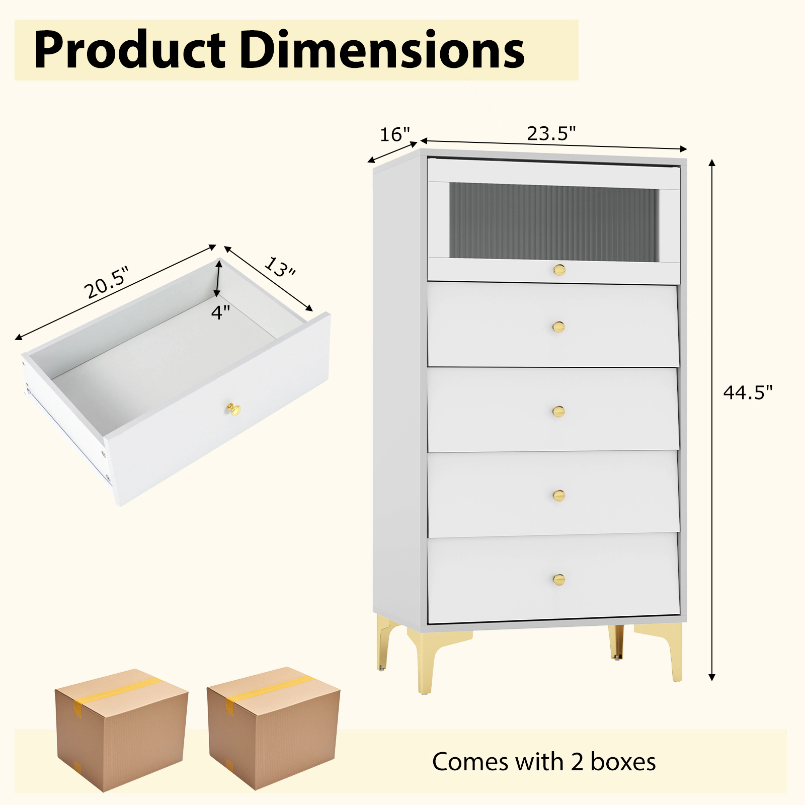 Slickblue Bedroom Storage Cabinet with 4 Drawers and Fluted Tempered Glass Door Gray White
