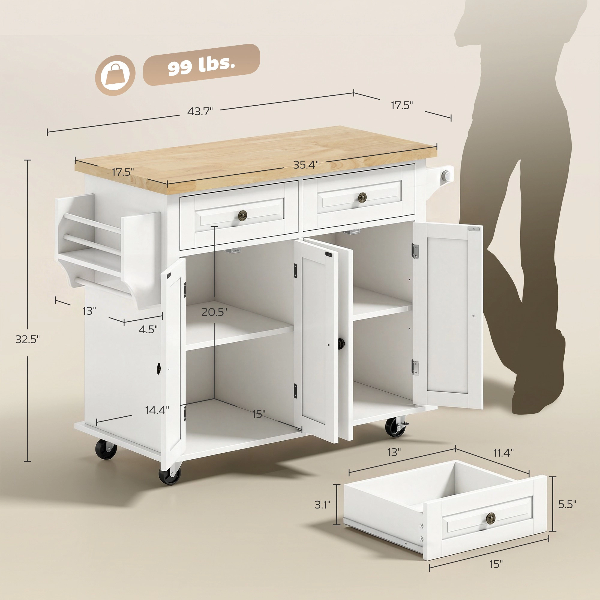 HONGGE 44" Mobile Kitchen Island Table Kitchen Island Cart on Wheels with Storage Cabinets 2 Drawers
