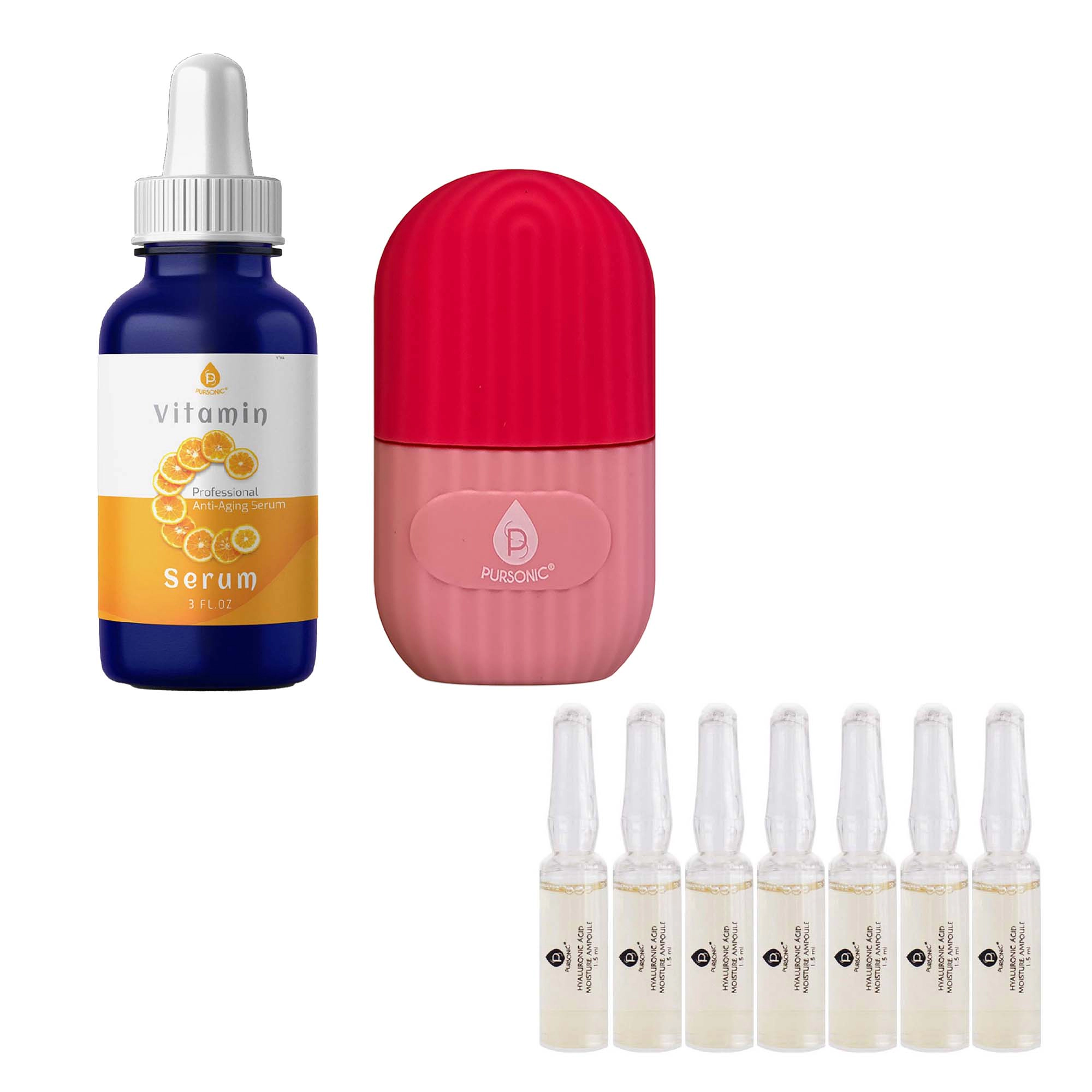 Pursonic Women's Facial Roller Massager & Vitamin C Hyaluronic Acid Skincare Bundle