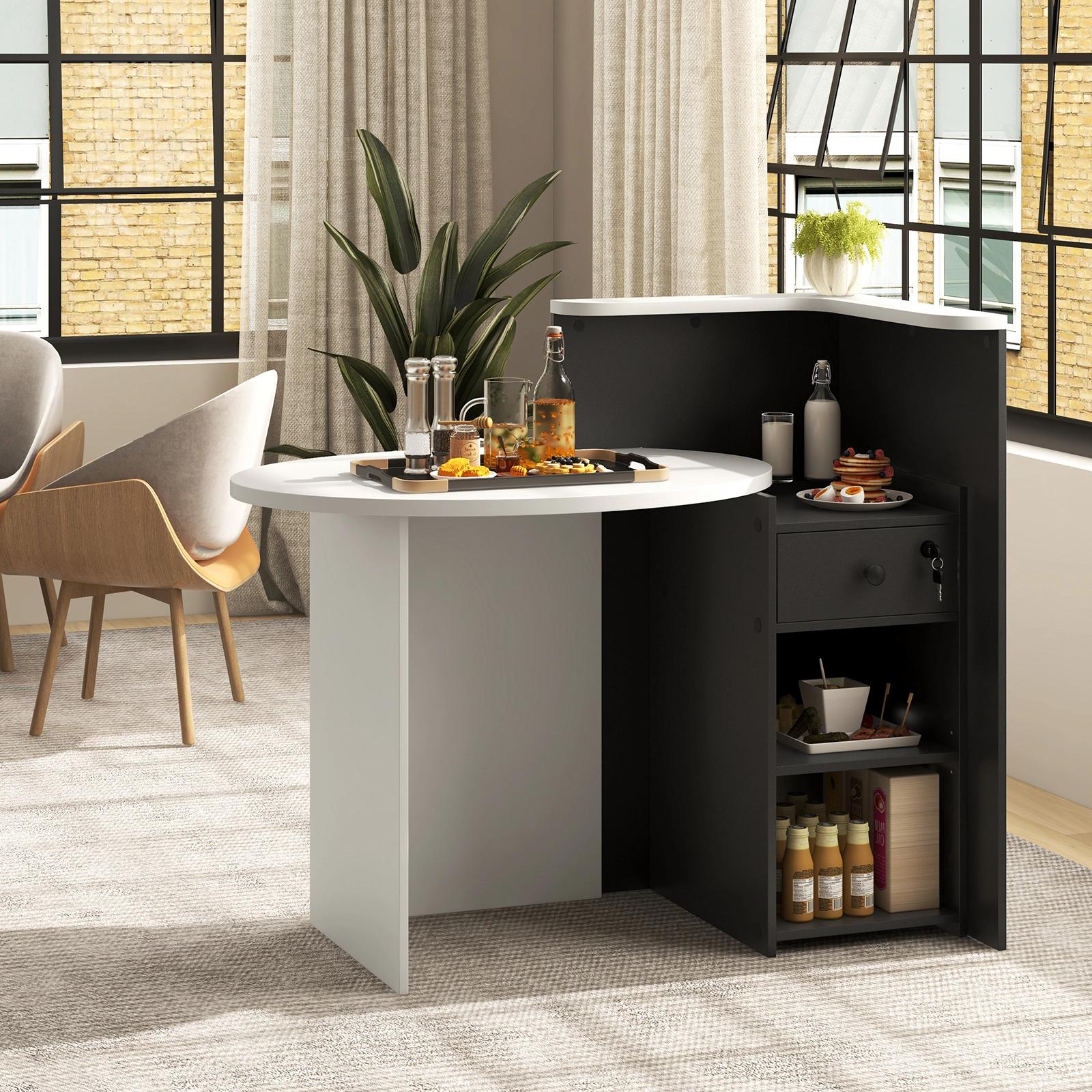 SUGIFT 48-Inch Rustic Brown and White Reception Desk with Lockable Drawer and Open Shelving