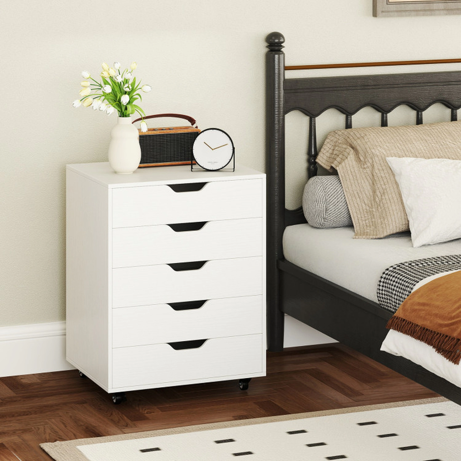 SUGIFT 19-in White 155-lb Capacity 5-Drawer Rolling Storage Cabinet Console with Cut-Out Handles