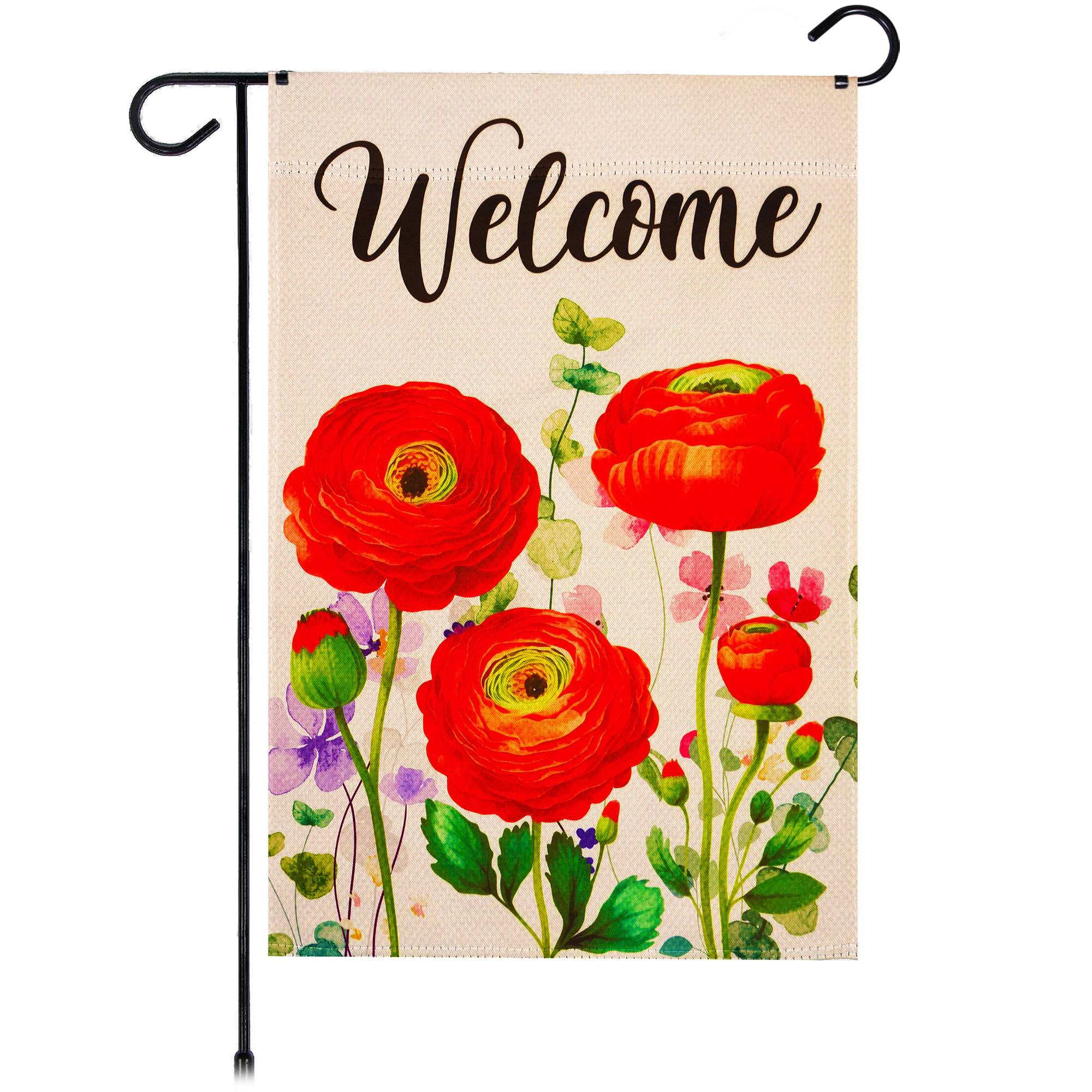 G128 Spring Welcome Red Orange Floral Garden Flag 12x18 Double-Sided